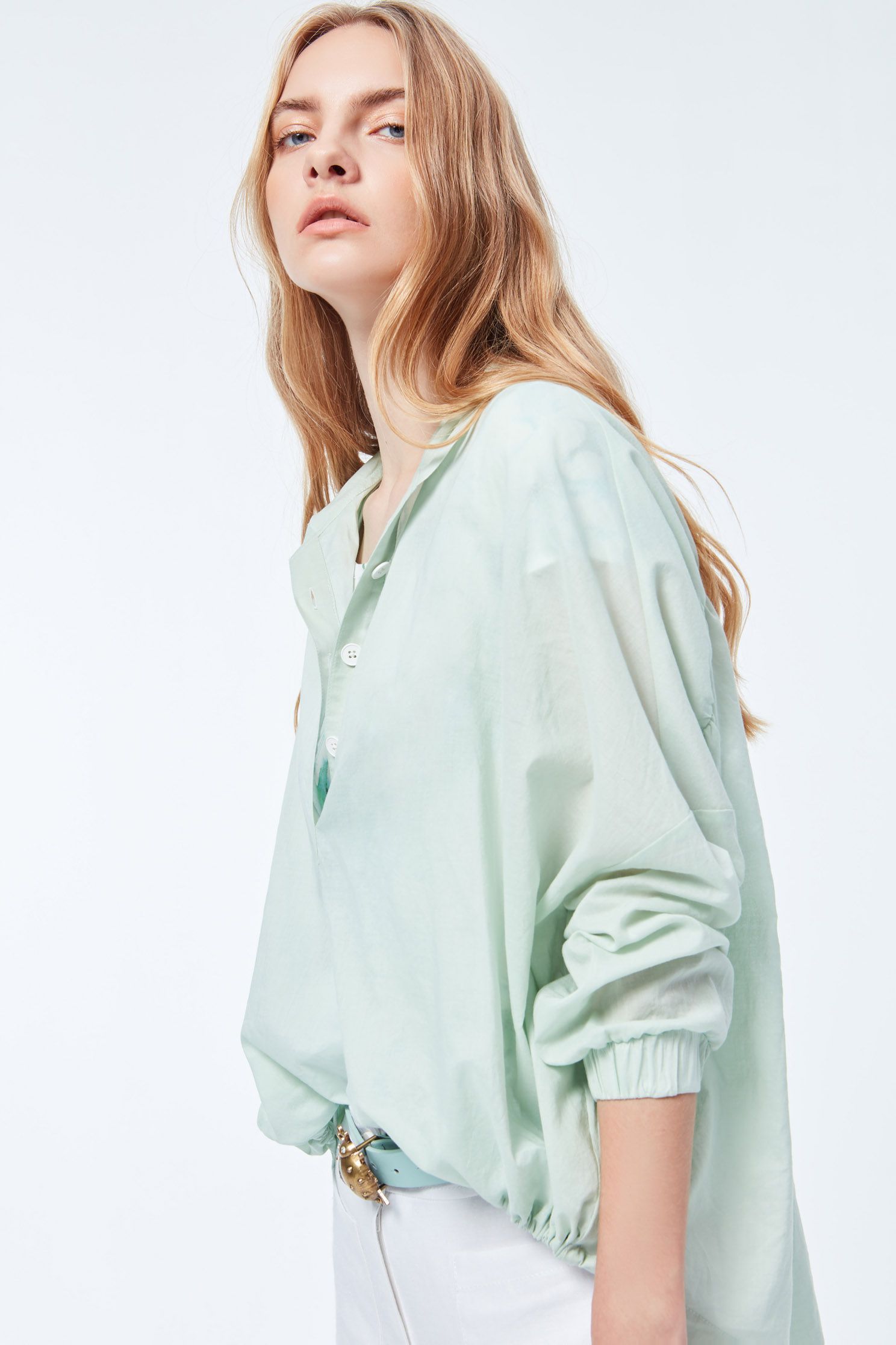 Oversize Short Long Hem Light Green TopLight green design top,Tops,Round neck tops,Season (SS) Look,Season (AW) Look,Blouses