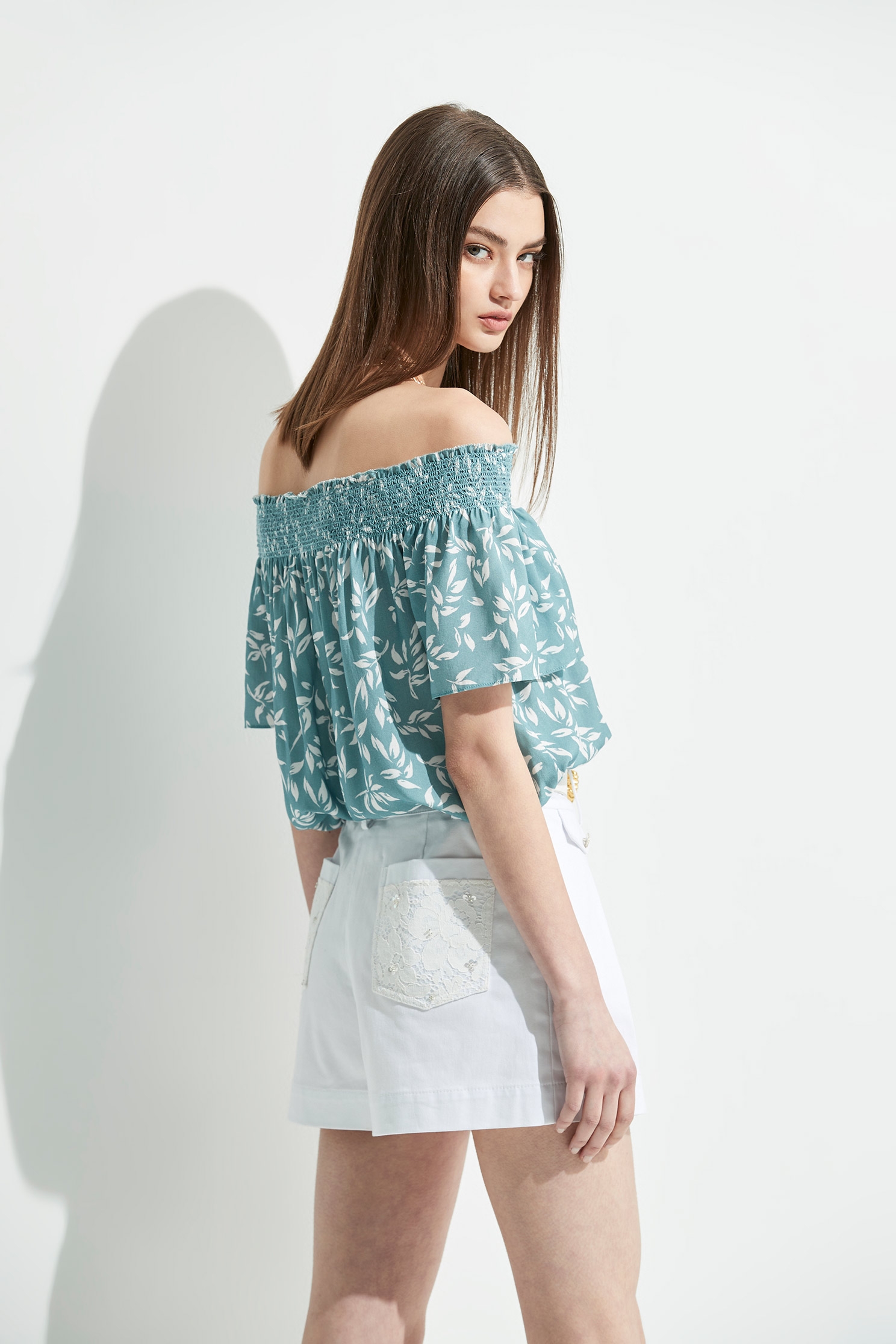 Leaf Pattern Print Off-Shoulder TopBotanical printed top,Tops,Embroidered,Season (SS) Look,mothergift,blossoms