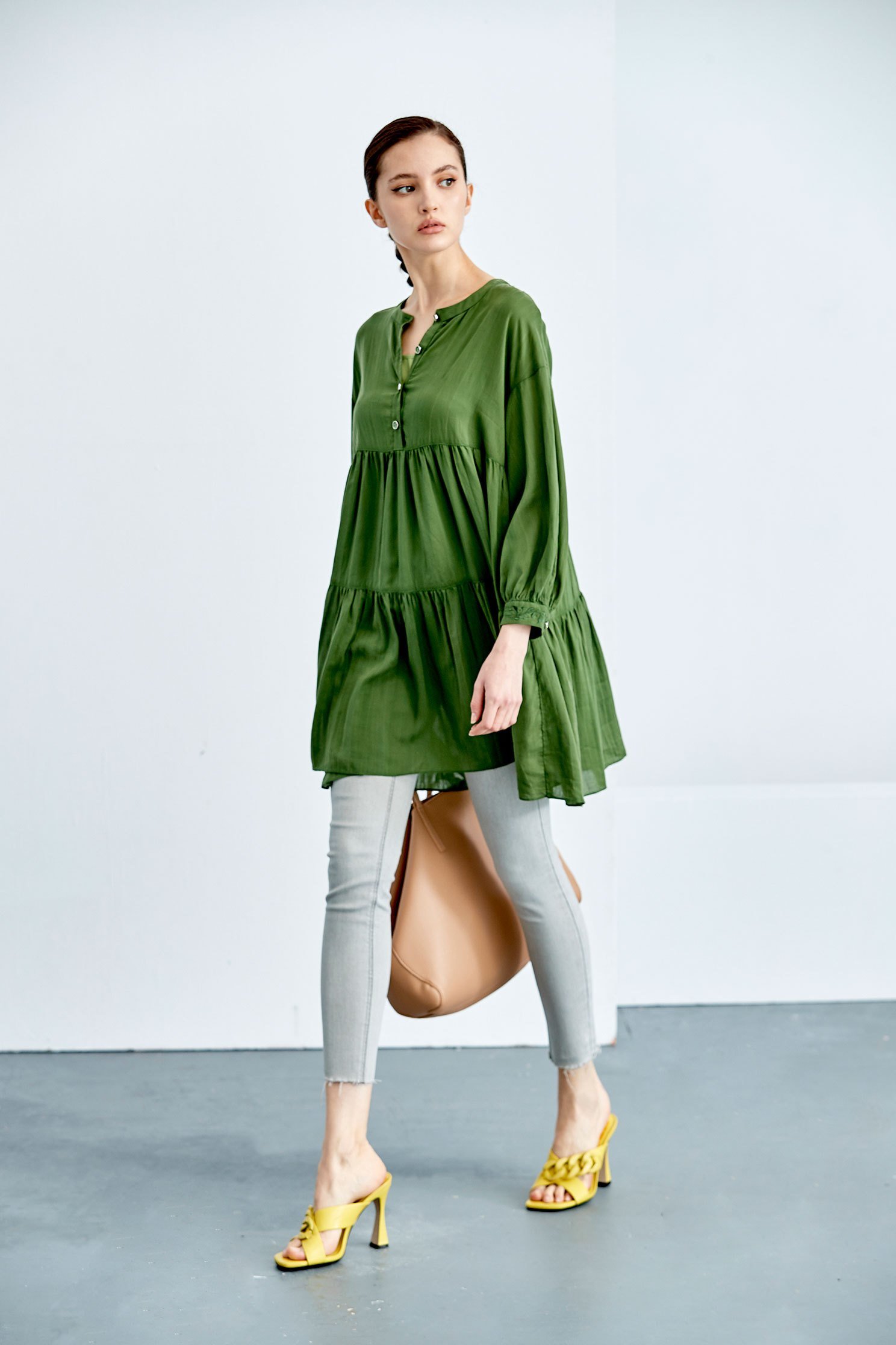 Mid-Length Babydoll Green TopPastoral style long top,Tops,Under shirts,Season (SS) Look,Thin straps,Blouses,Long tops