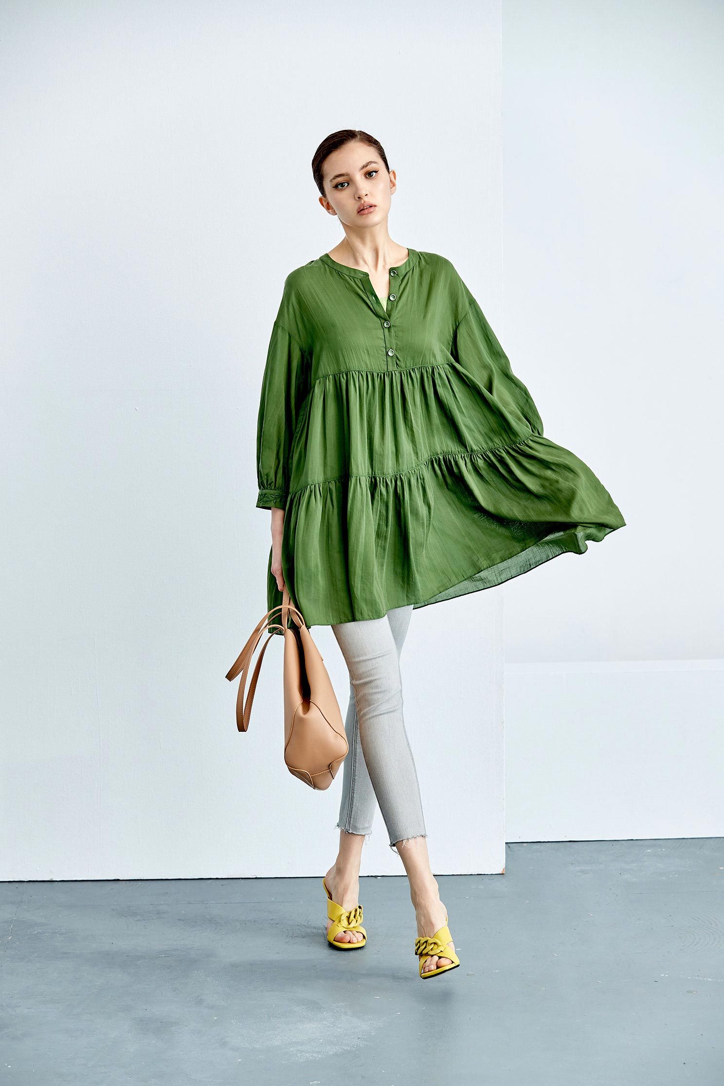 Mid-Length Babydoll Green TopPastoral style long top,Tops,Under shirts,Season (SS) Look,Thin straps,Blouses,Long tops