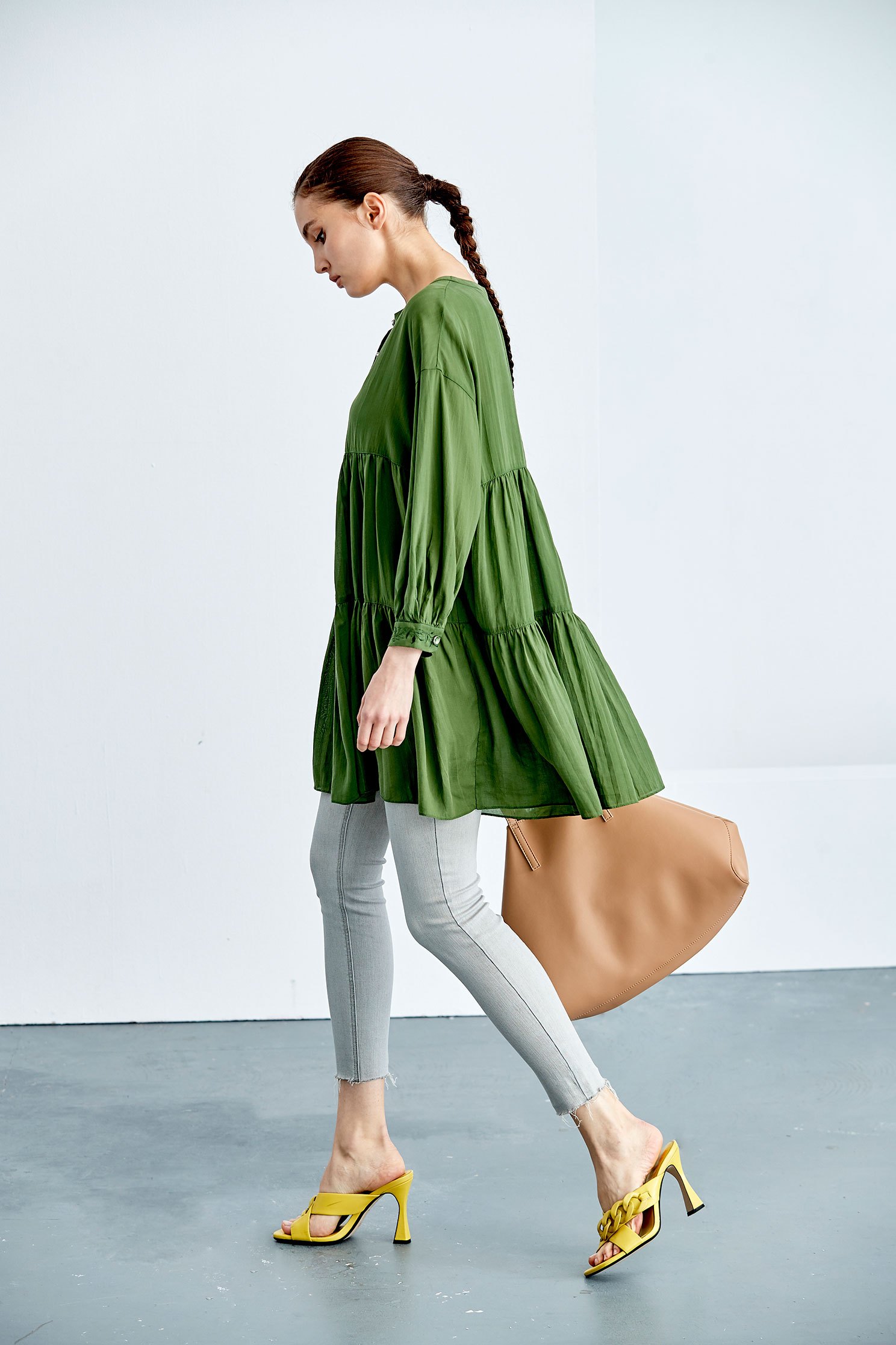 Mid-Length Babydoll Green TopPastoral style long top,Tops,Under shirts,Season (SS) Look,Thin straps,Blouses,Long tops