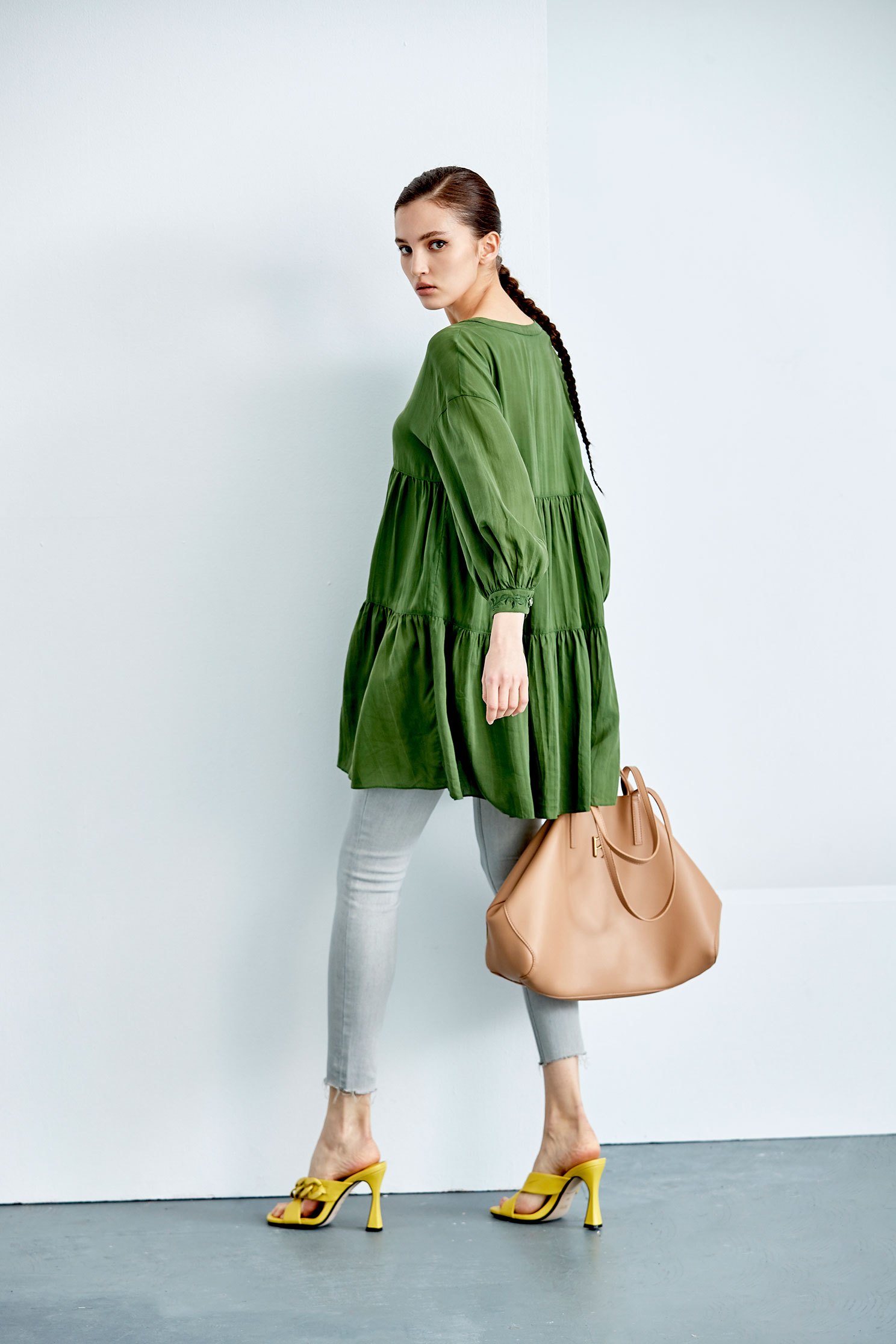 Mid-Length Babydoll Green TopPastoral style long top,Tops,Under shirts,Season (SS) Look,Thin straps,Blouses,Long tops