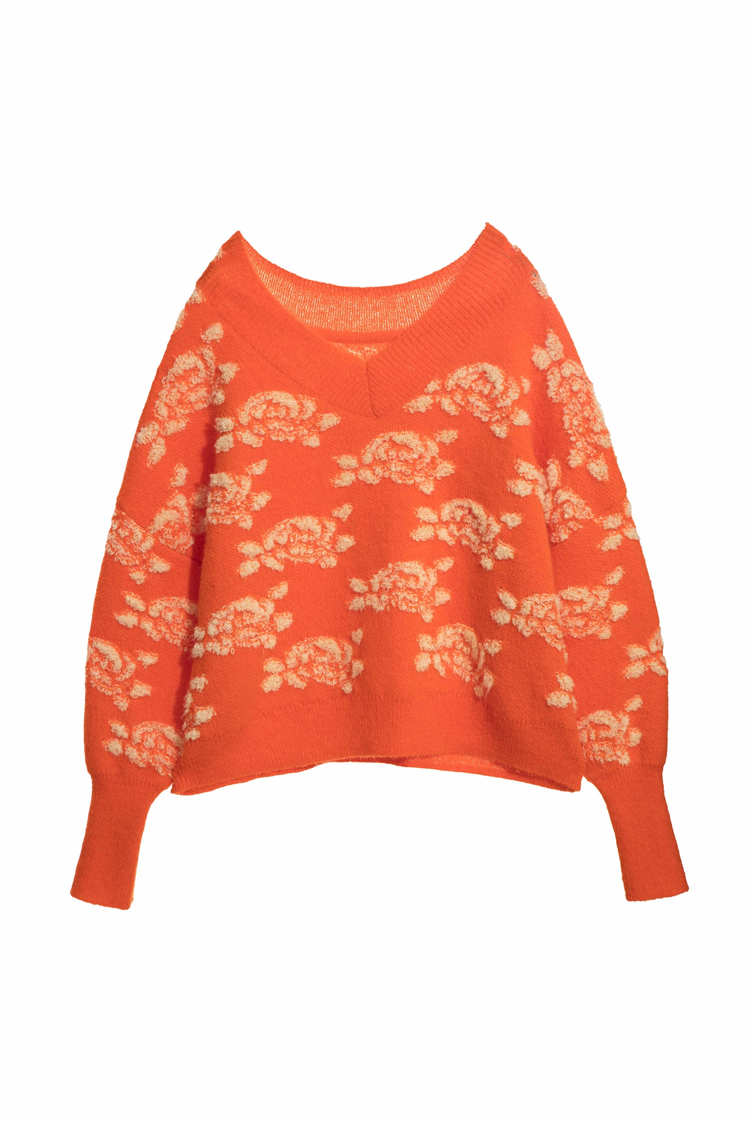 Oversize Orange Knit Top With Contrast Floral PatternKnit top with cloud wavy design,Tops,Season (SS) Look,Valentine,upperclass,Knitted,Knitted tops,Knitted tops,Lucky Red