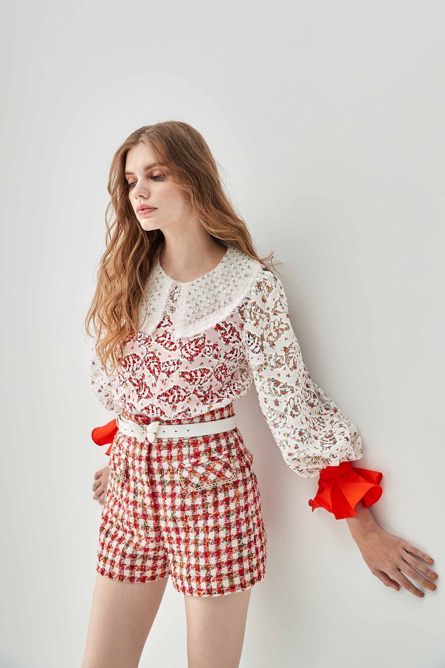 Full Lace Peter Pan Collar TopTop with lace print,Tops,Season (SS) Look,Lace,upperclass,Lucky Red