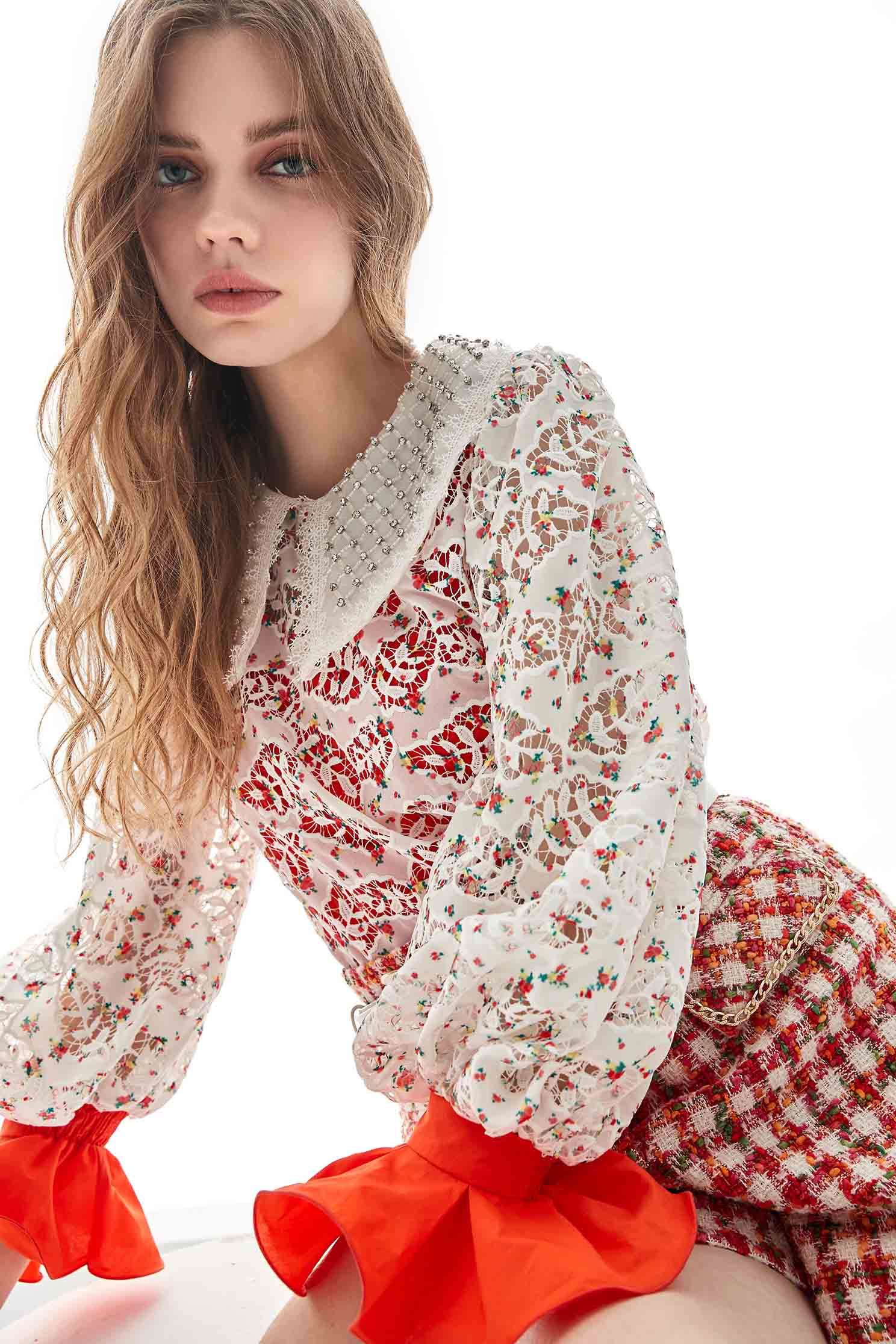 Full Lace Peter Pan Collar TopTop with lace print,Tops,Season (SS) Look,Lace,upperclass,Lucky Red