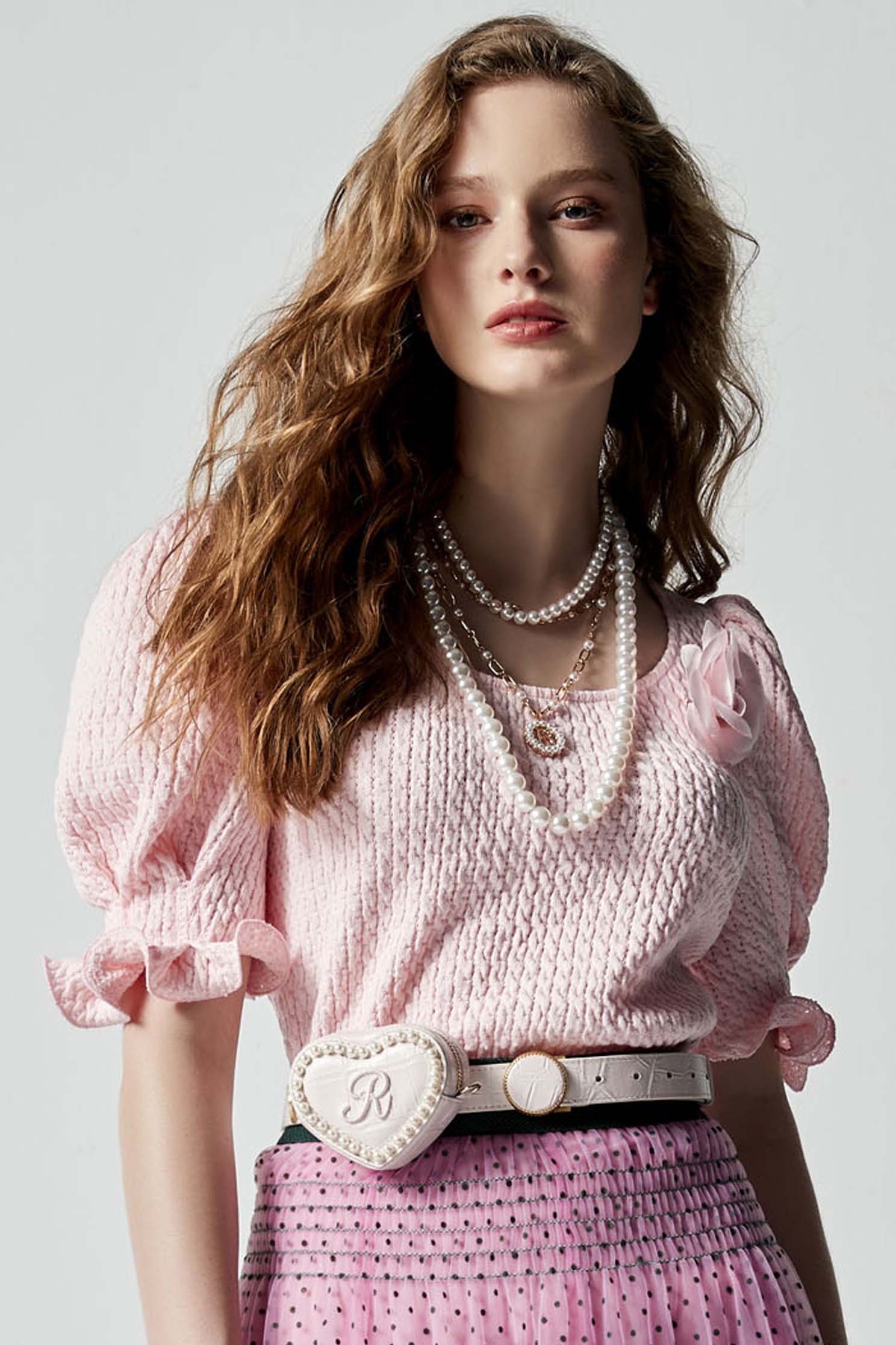 Puff Sleeve Pink Top With Floral Brooch DetailPuff Sleeve Pink Top With Floral Brooch Detail,Tops,Season (AW) Look