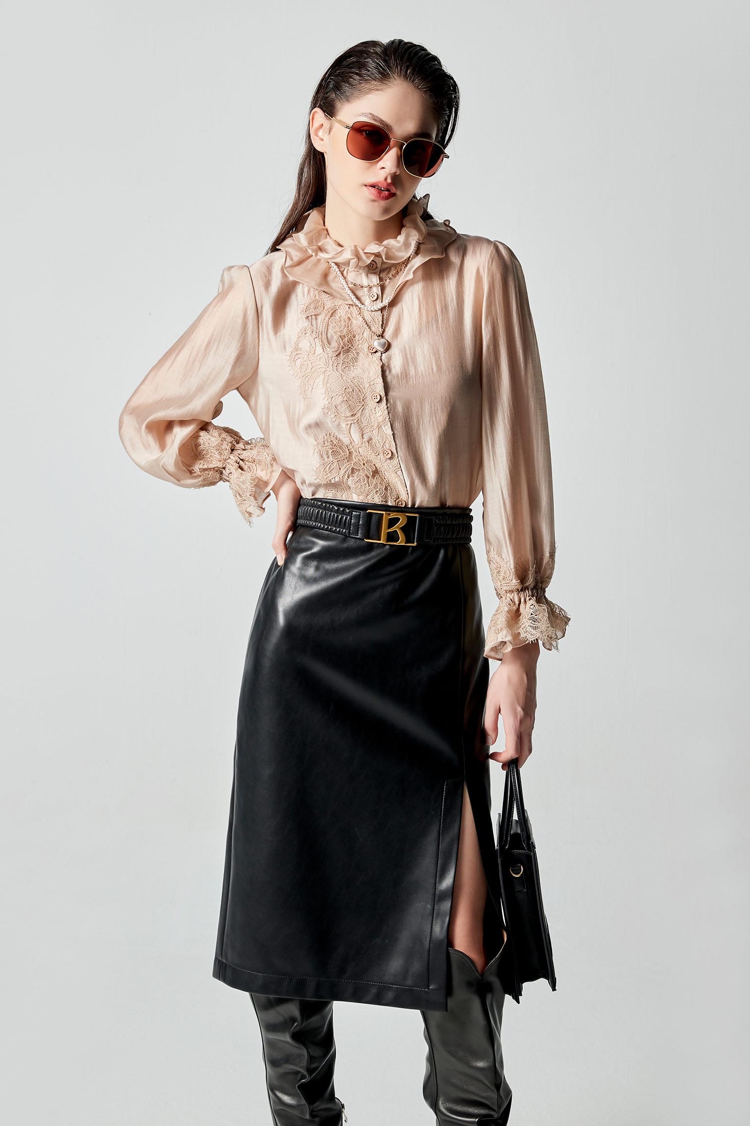 Ruffle Collar Blouse With Lace DetailRuffle Collar Blouse With Lace Detail,Tops,pearl,Season (AW) Look,Lace,Blouses