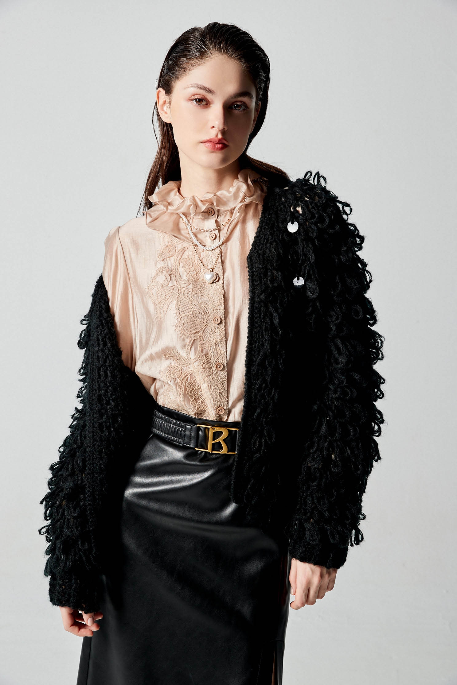 Ruffle Collar Blouse With Lace DetailRuffle Collar Blouse With Lace Detail,Tops,pearl,Season (AW) Look,Lace,Blouses