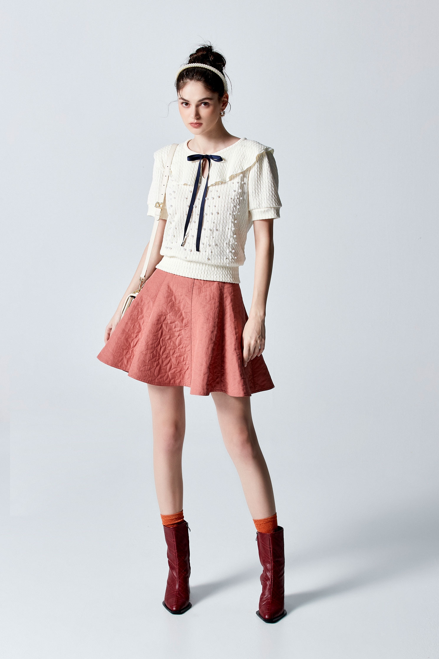 Short Sleeve Puritan Collar Knit TopShort Sleeve Puritan Collar Knit Top,Tops,pearl,Season (AW) Look