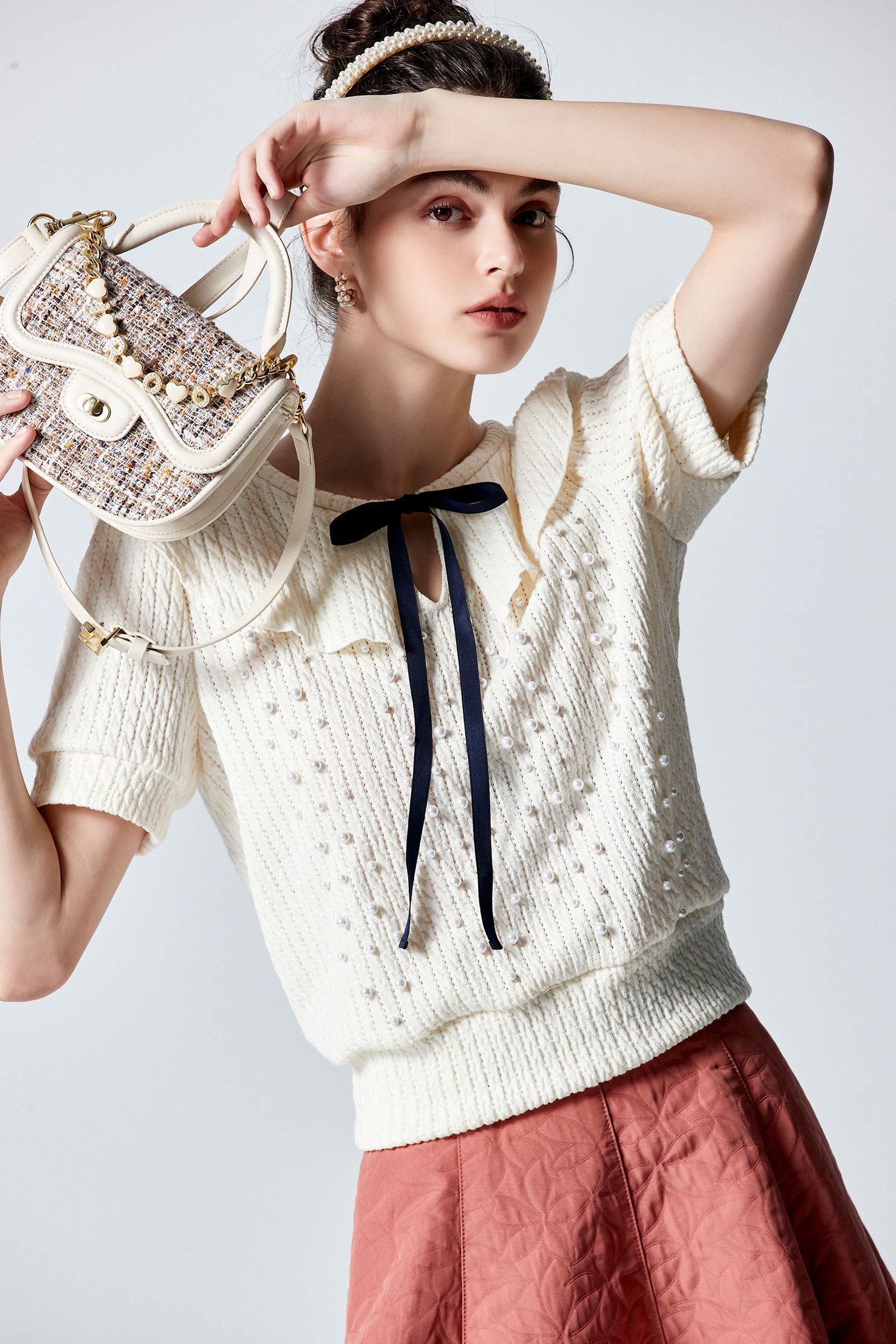 Short Sleeve Puritan Collar Knit TopShort Sleeve Puritan Collar Knit Top,Tops,pearl,Season (AW) Look