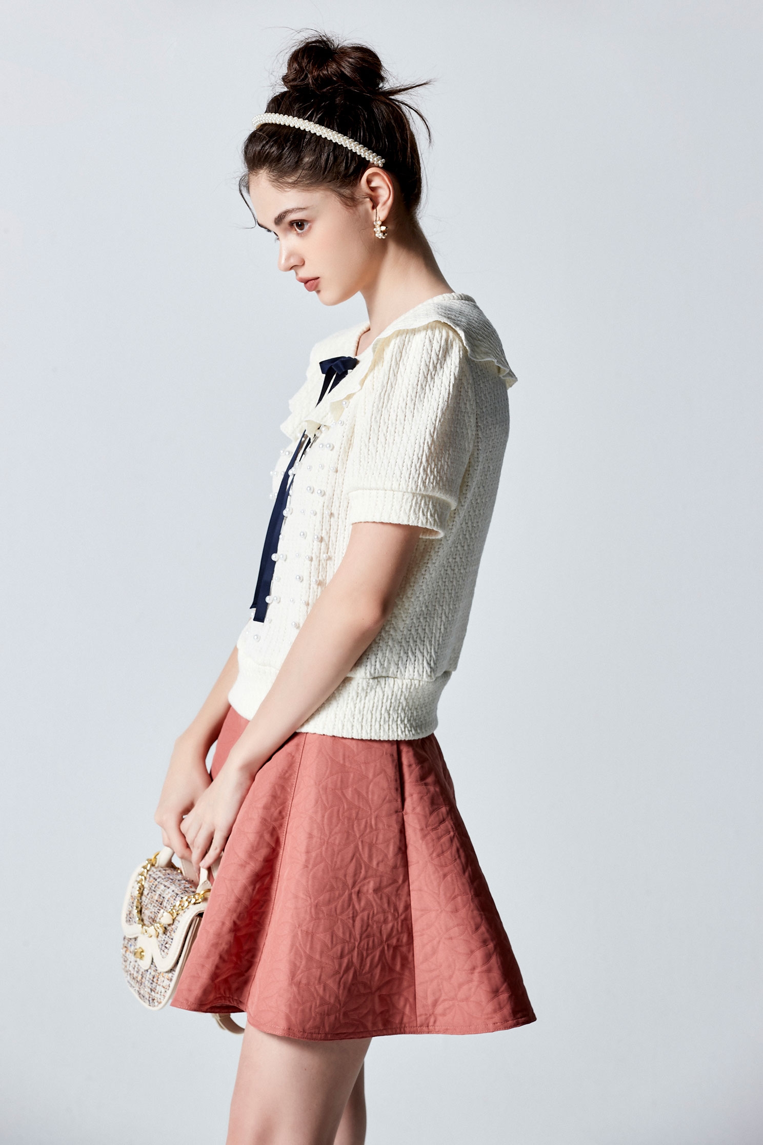 Short Sleeve Puritan Collar Knit TopShort Sleeve Puritan Collar Knit Top,Tops,pearl,Season (AW) Look