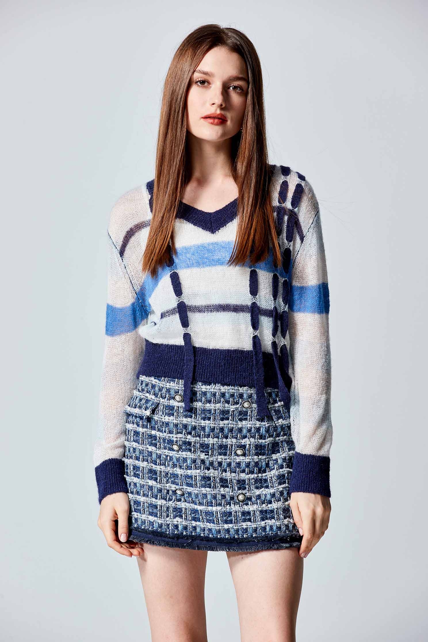 Contrast Stripe Knit Top With Trim DetailContrast Stripe Knit Top With Trim Detail,Tops,Plaid,Season (AW) Look,Knitted,Knitted tops