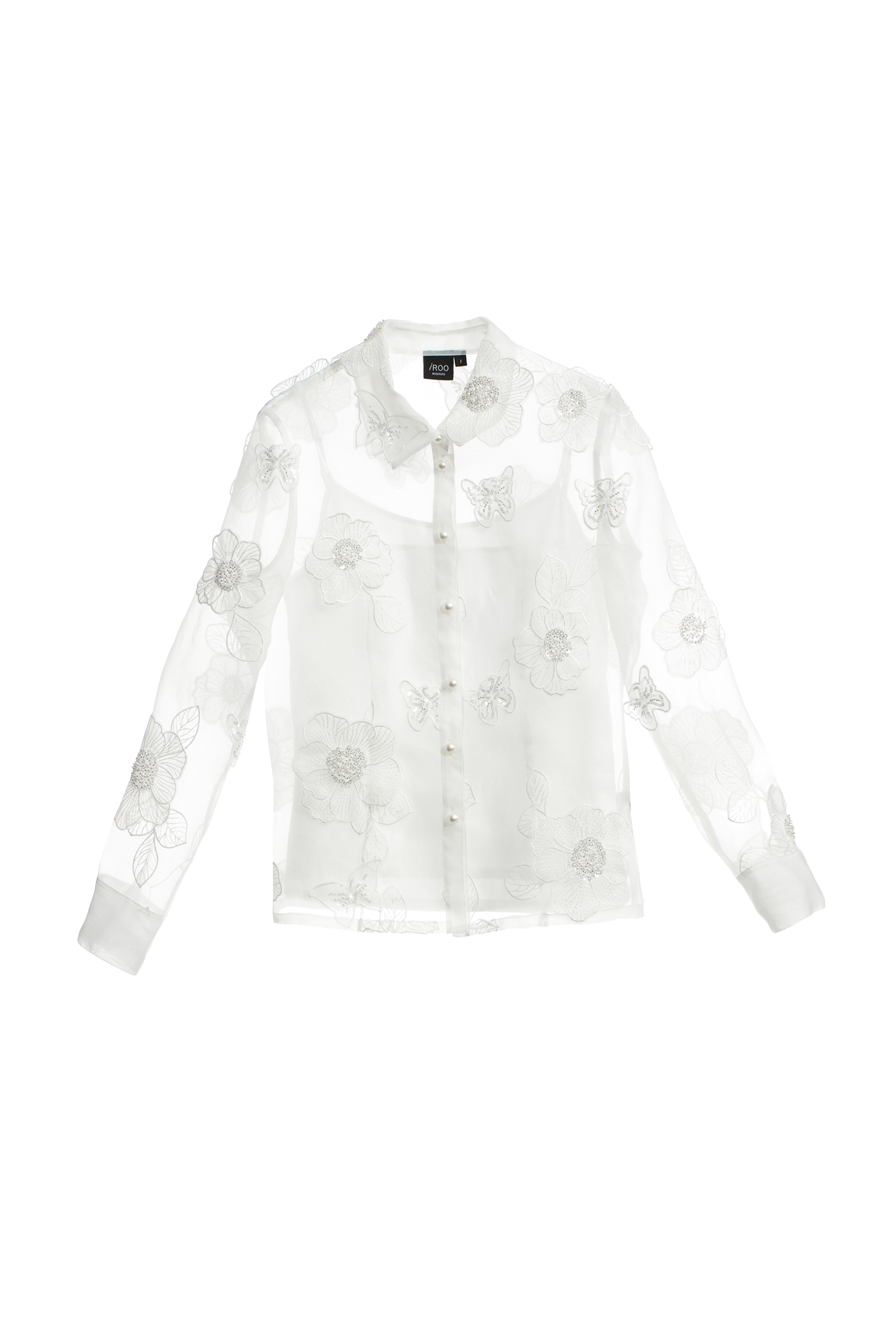 Floral Embroidery Bow Collar BlouseFloral Embroidery Bow Collar Blouse,Tops,Under shirts,pearl,Season (AW) Look,Thin straps,Embroidered,Blouses