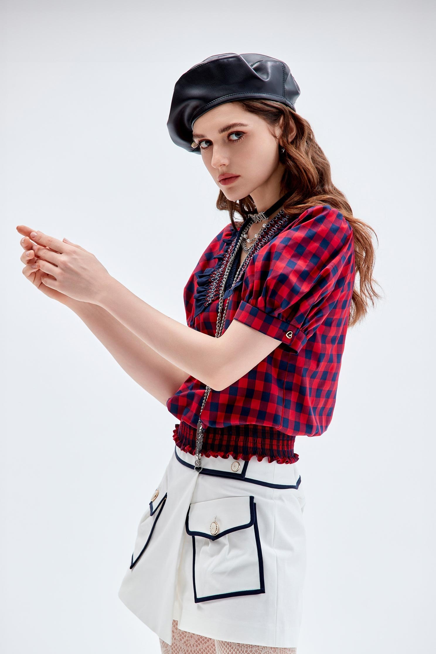 Ruffle Collar Plaid TopRuffle Collar Plaid Top,Tops,Embroidered,Plaid,Season (AW) Look