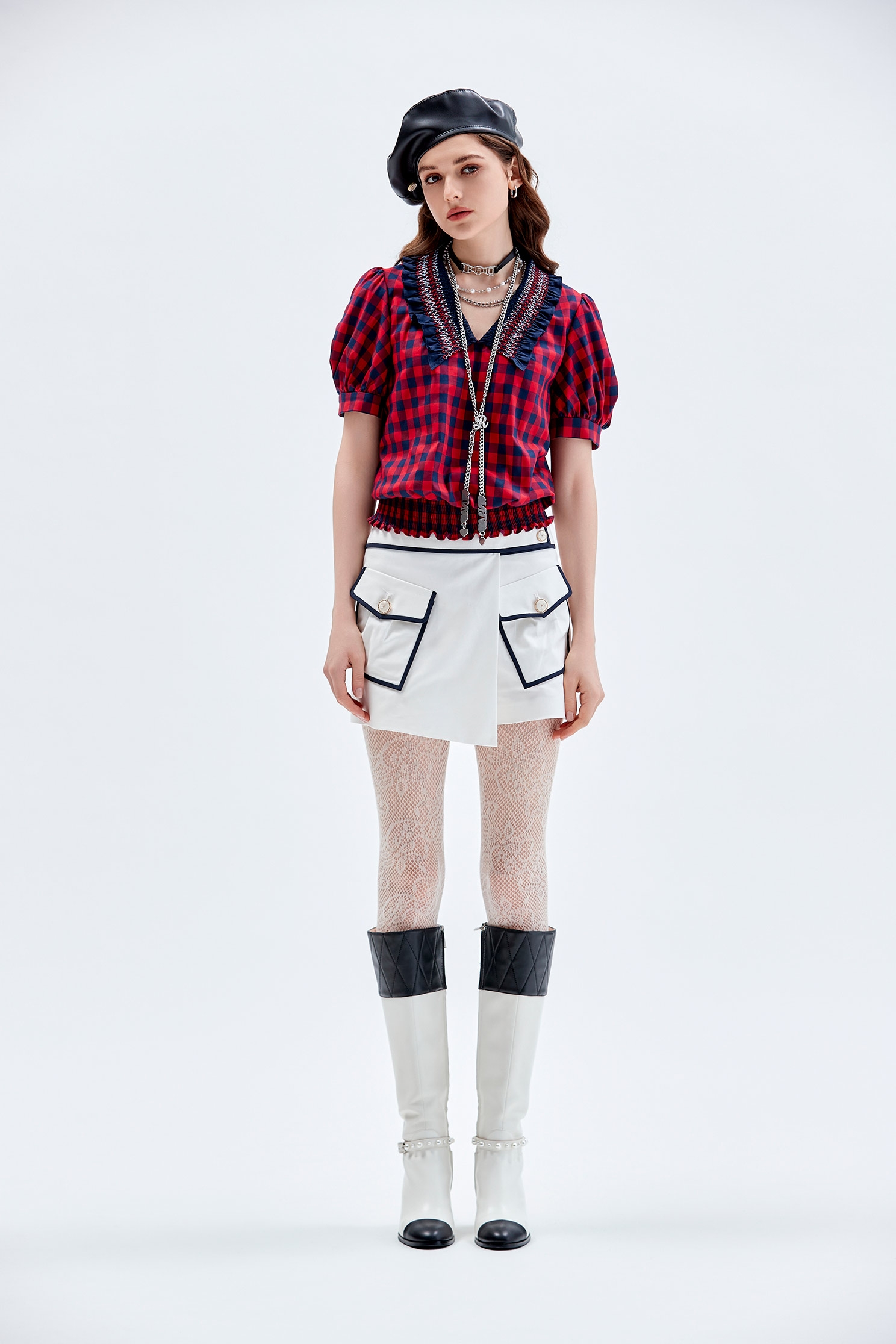 Ruffle Collar Plaid TopRuffle Collar Plaid Top,Tops,Embroidered,Plaid,Season (AW) Look