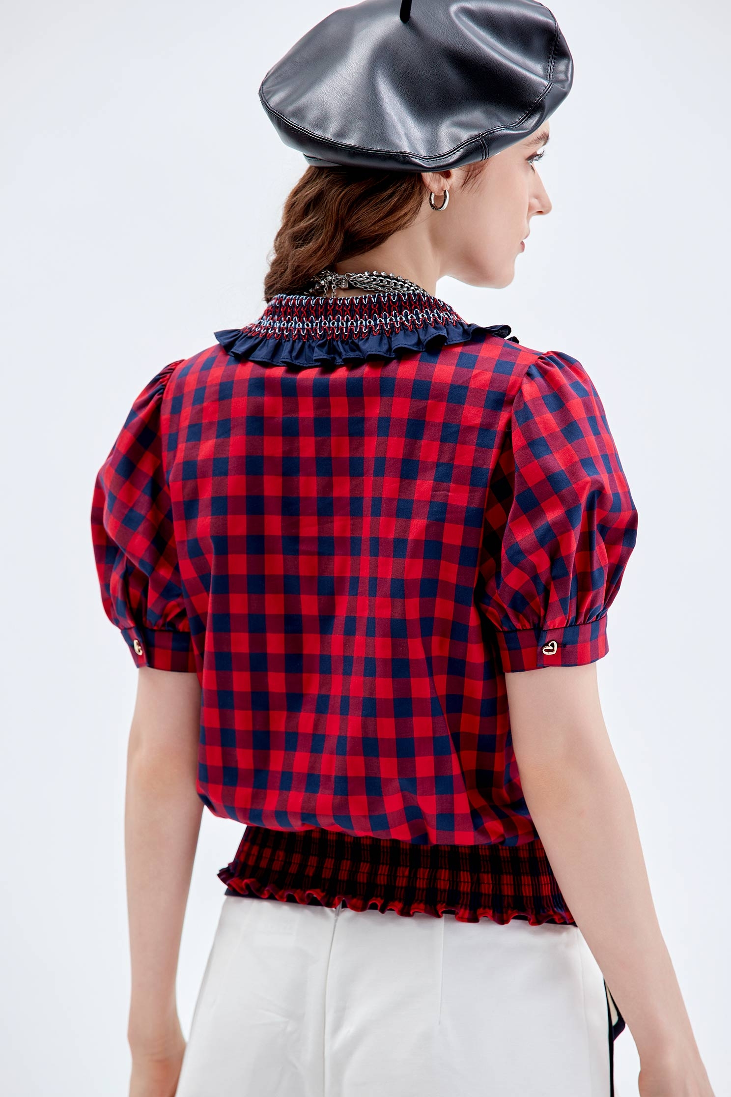 Ruffle Collar Plaid TopRuffle Collar Plaid Top,Tops,Embroidered,Plaid,Season (AW) Look