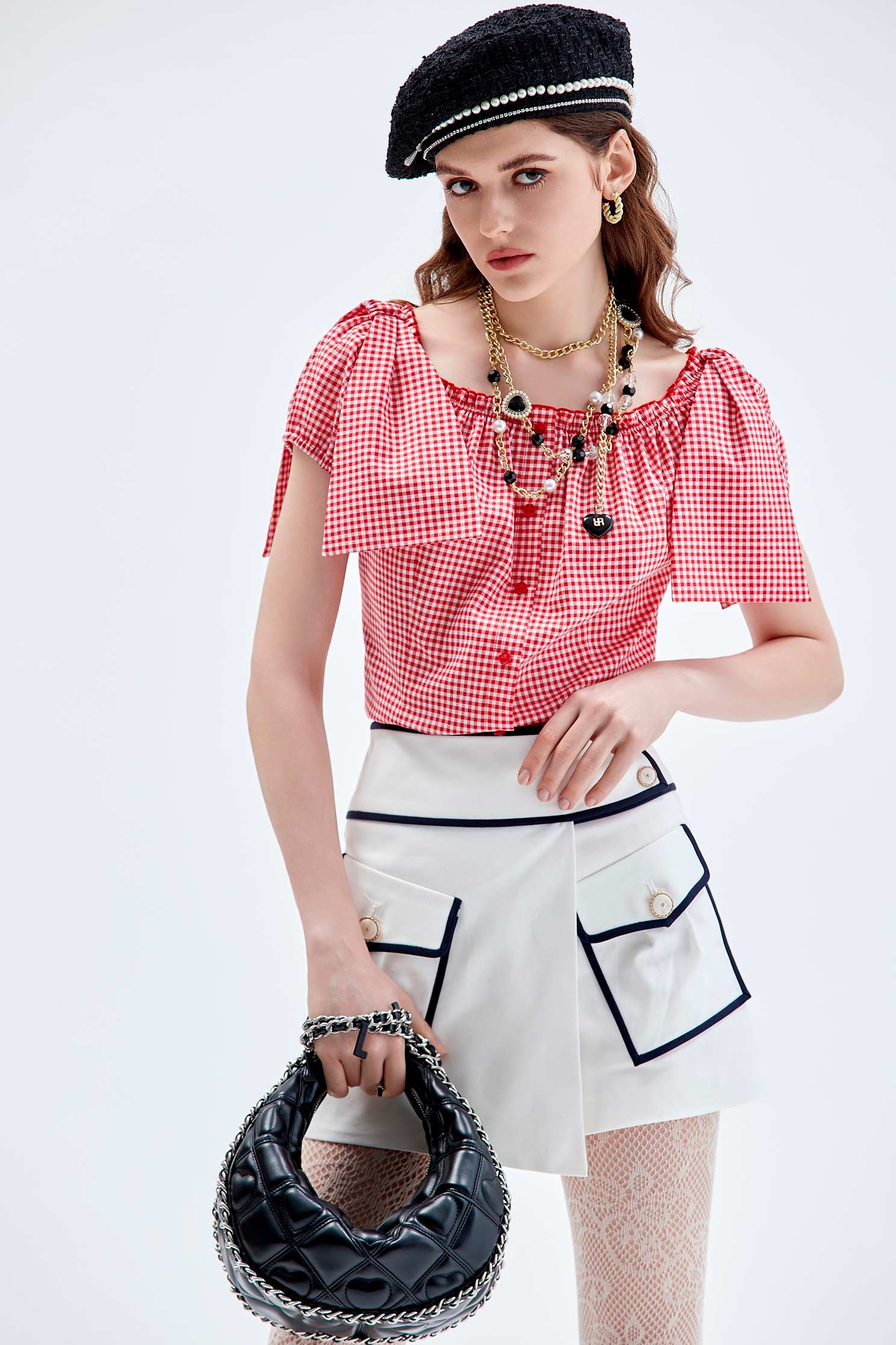 Bow Detail Short Sleeve Plaid TopBow Detail Short Sleeve Plaid Top,Tops,Plaid,Season (AW) Look