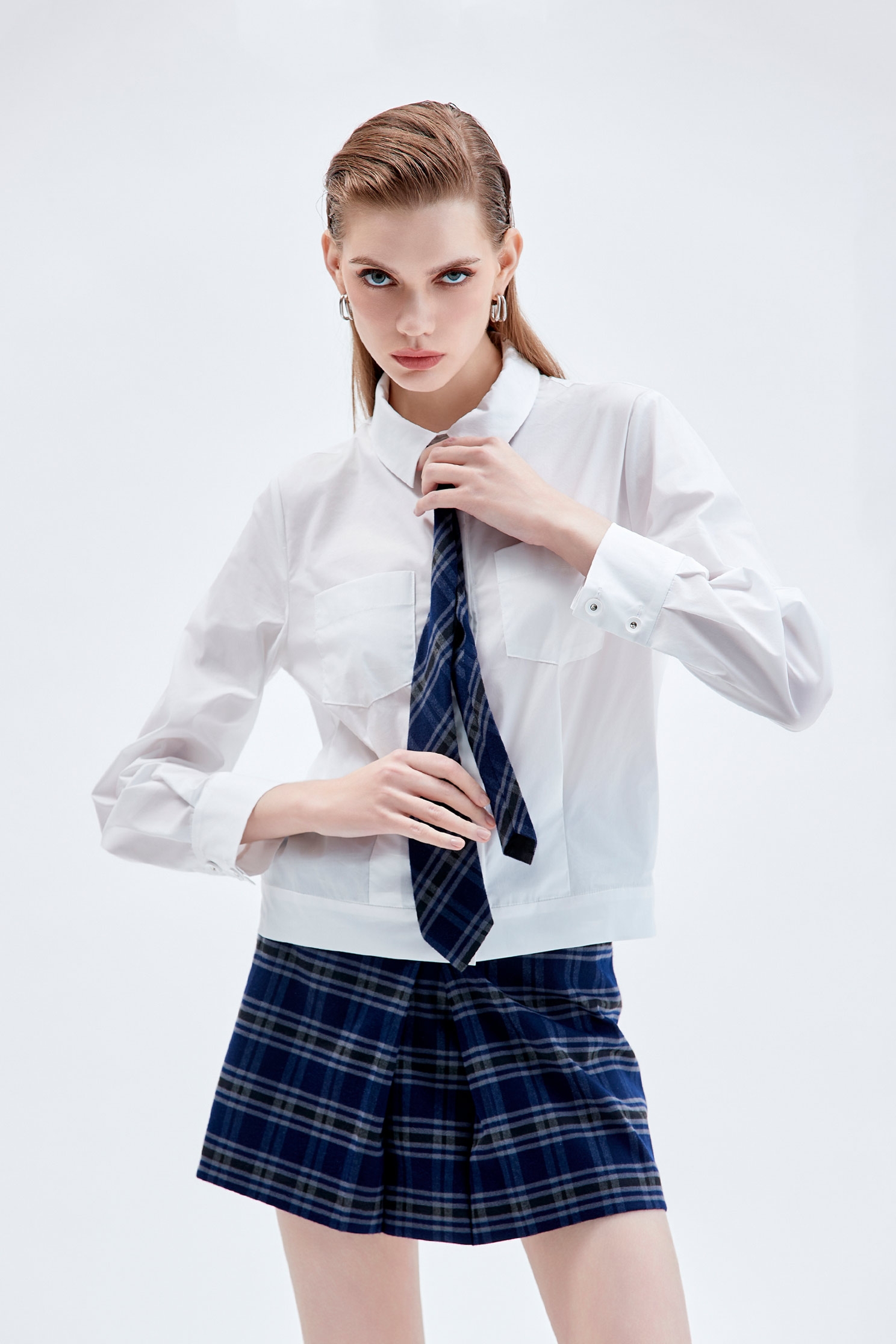 Patch Pockets Blouse With Checkered TiePatch Pockets Blouse With Checkered Tie,Tops,Plaid,Season (AW) Look,Blouses