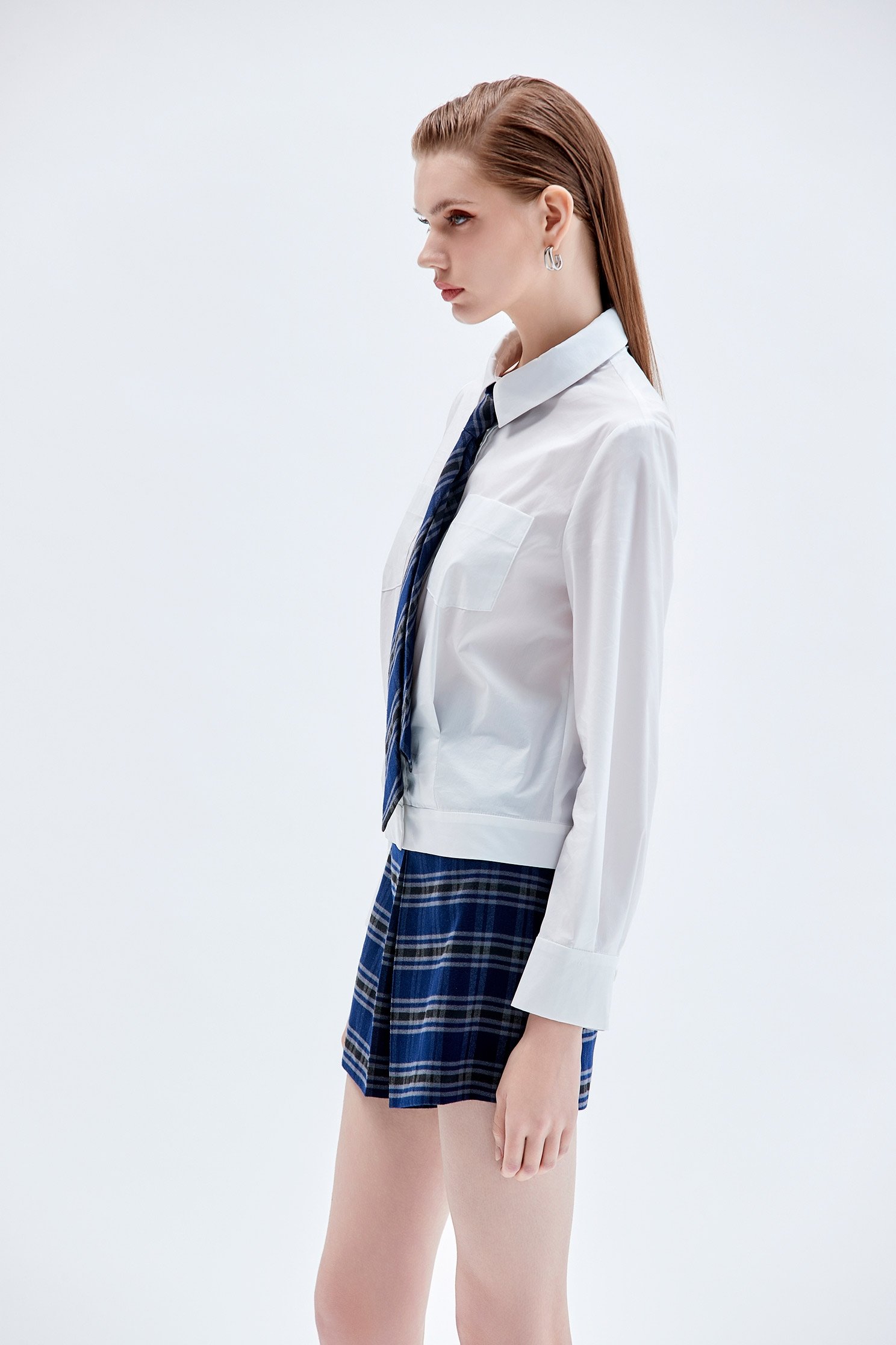 Patch Pockets Blouse With Checkered TiePatch Pockets Blouse With Checkered Tie,Tops,Plaid,Season (AW) Look,Blouses