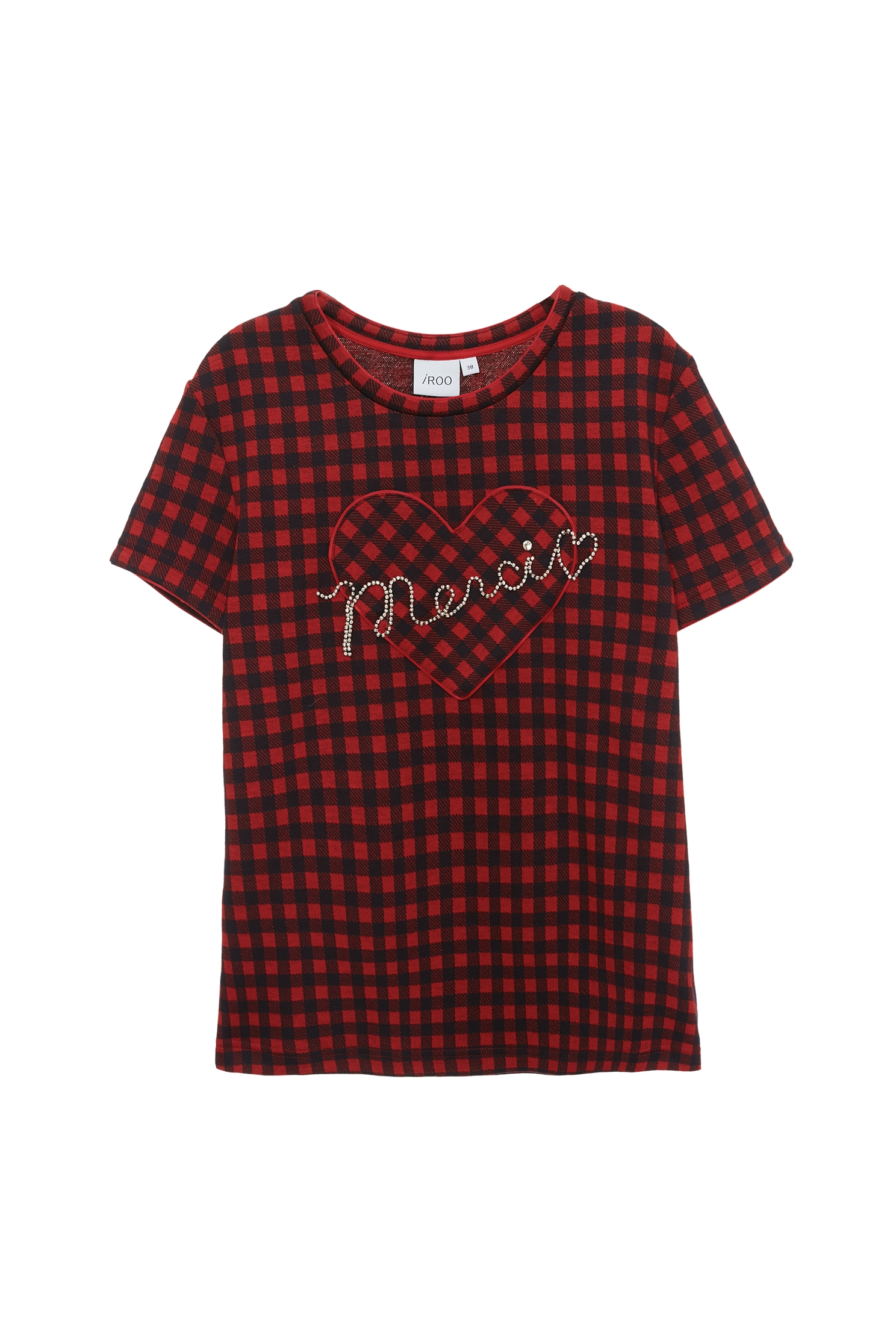 Plaid Tee With Beaded SloganPlaid Tee With Beaded Slogan,T-shirts,Tops,Plaid,Season (AW) Look