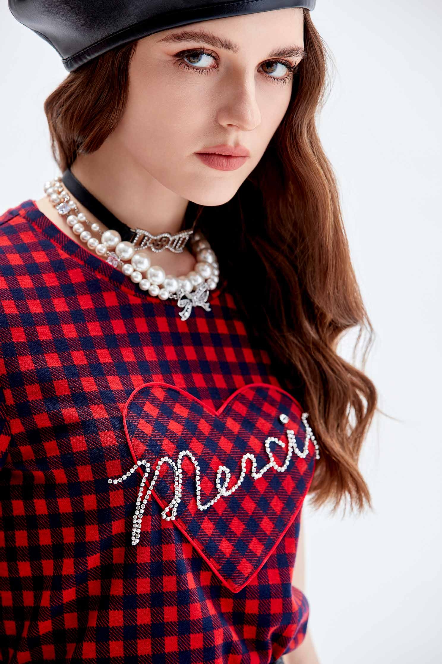 Plaid Tee With Beaded SloganPlaid Tee With Beaded Slogan,T-shirts,Tops,Plaid,Season (AW) Look