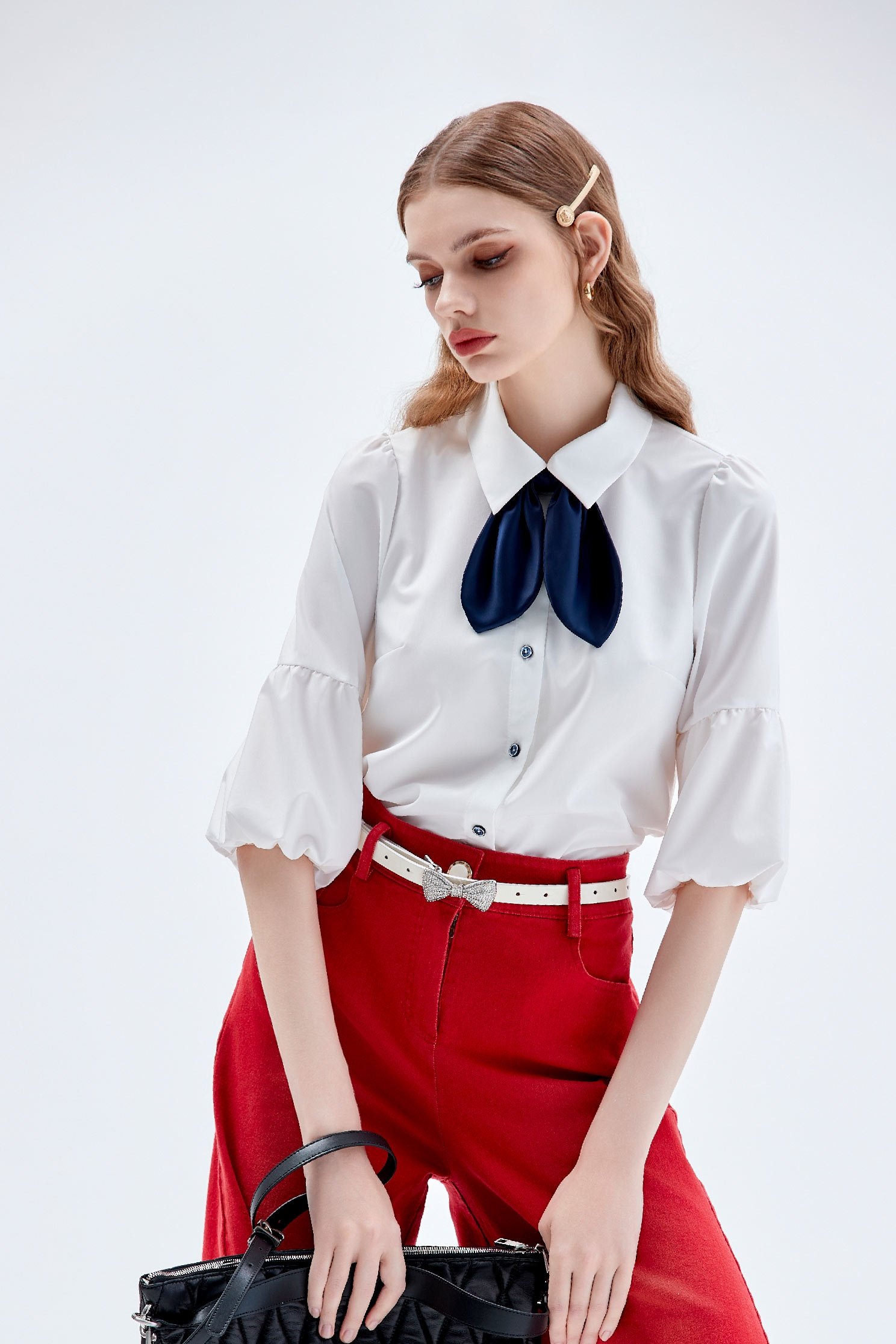 Detachable Bow Lantern Sleeve BlouseDetachable Bow Lantern Sleeve Blouse,Tops,Season (AW) Look,bows,Blouses