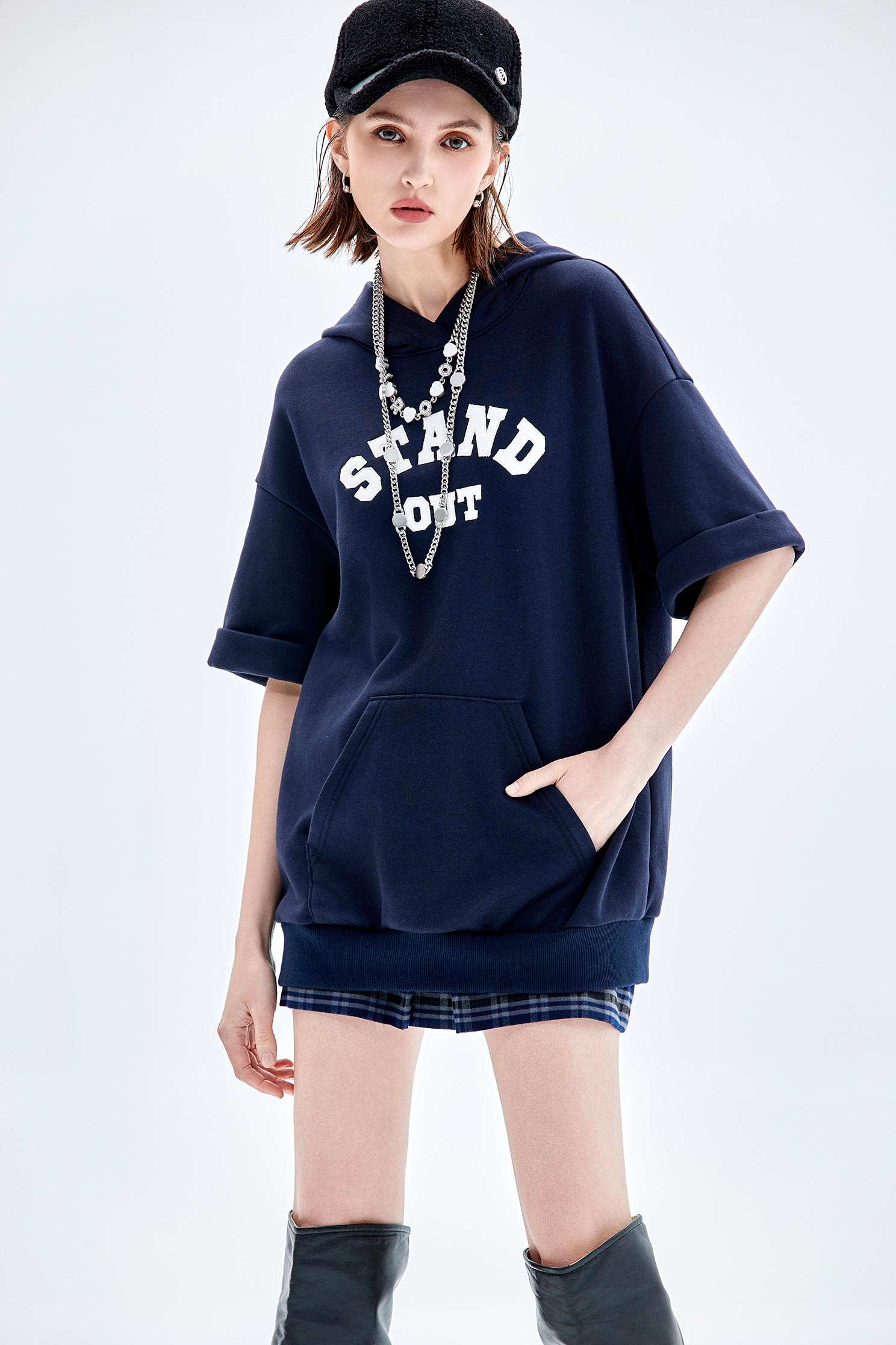 Hoodie Front Slogan Short Sleeve TopHoodie Front Slogan Short Sleeve Top,Tops,Hoodie tops,Short sleeve tops,Season (AW) Look,Cotton