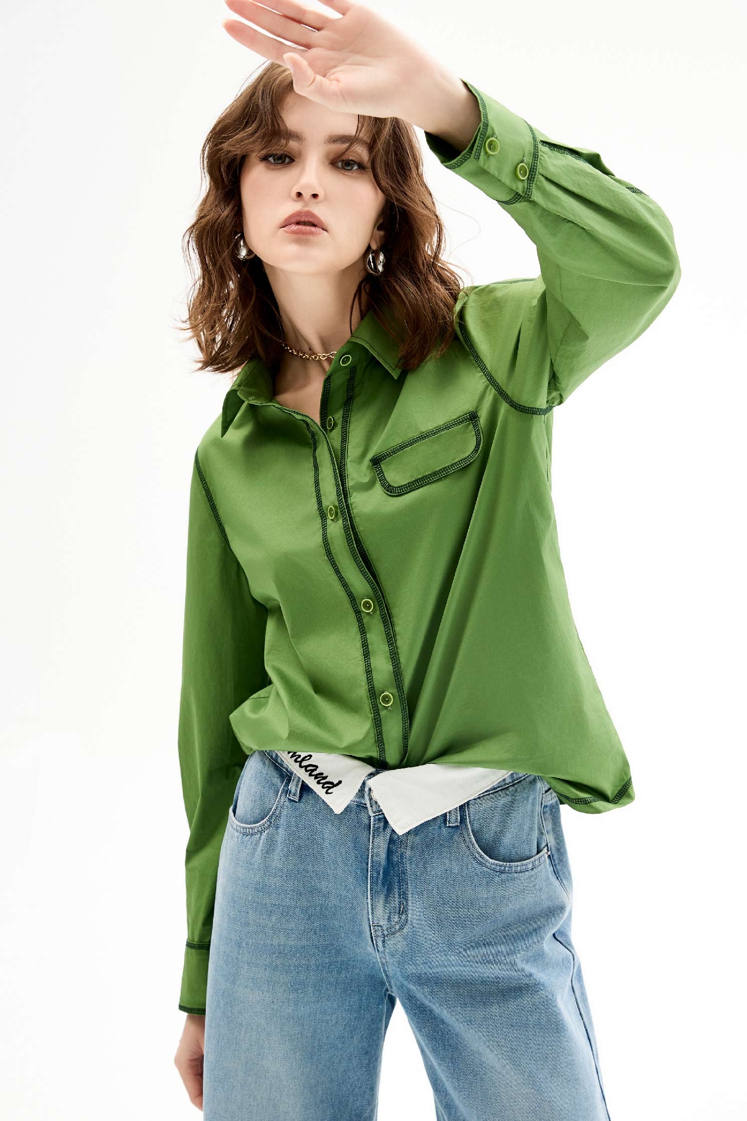 Classic Green Blouse With Contrast Trim DetailClassic Green Blouse With Contrast Trim Detail,Tops,Embroidered,Season (AW) Look,Blouses