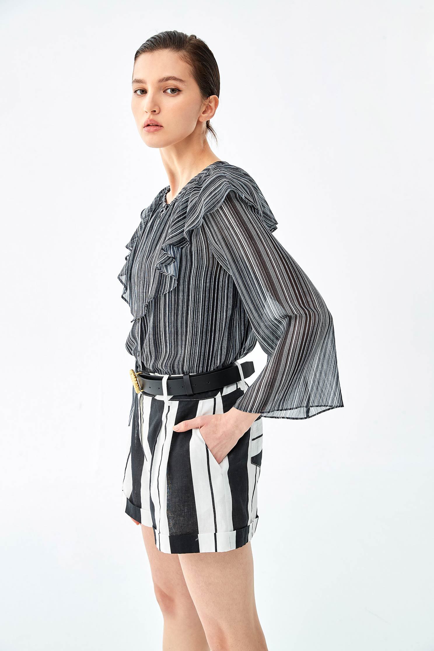 Contrast Stripe Blouse With Flounce NecklineChiffon top with print,Tops,Season (SS) Look,Blouses,Chiffon,Chiffon tops