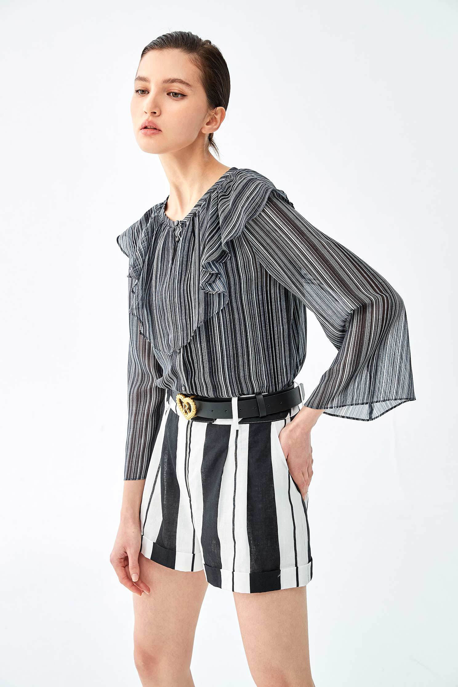 Contrast Stripe Blouse With Flounce NecklineChiffon top with print,Tops,Season (SS) Look,Blouses,Chiffon,Chiffon tops