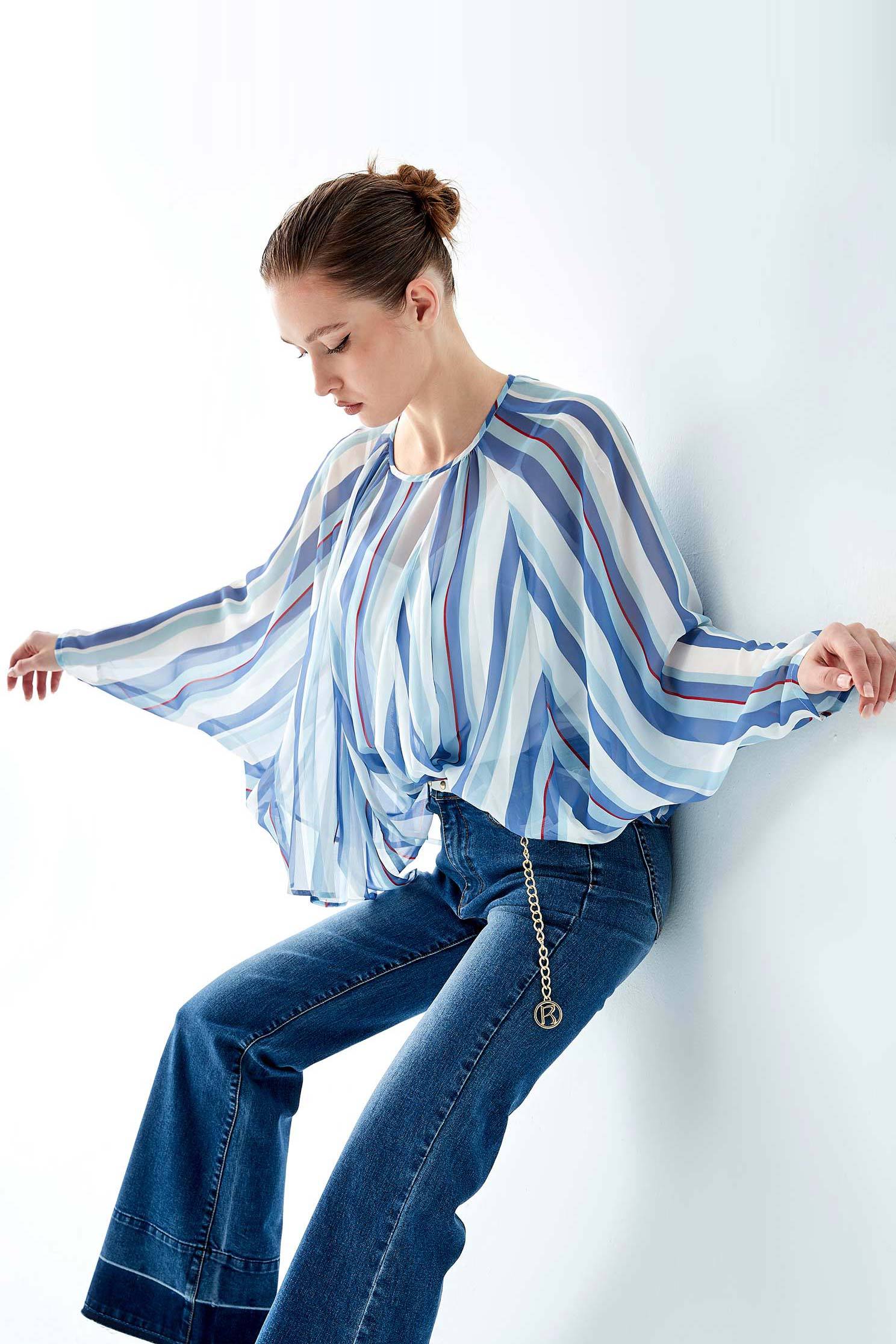 Blue White Stripe Oversize TopStriped chiffon top,Tops,Season (SS) Look,Stripe,mothergift,healing colors,Blouses,relaxrestrictions,Chiffon,Chiffon tops