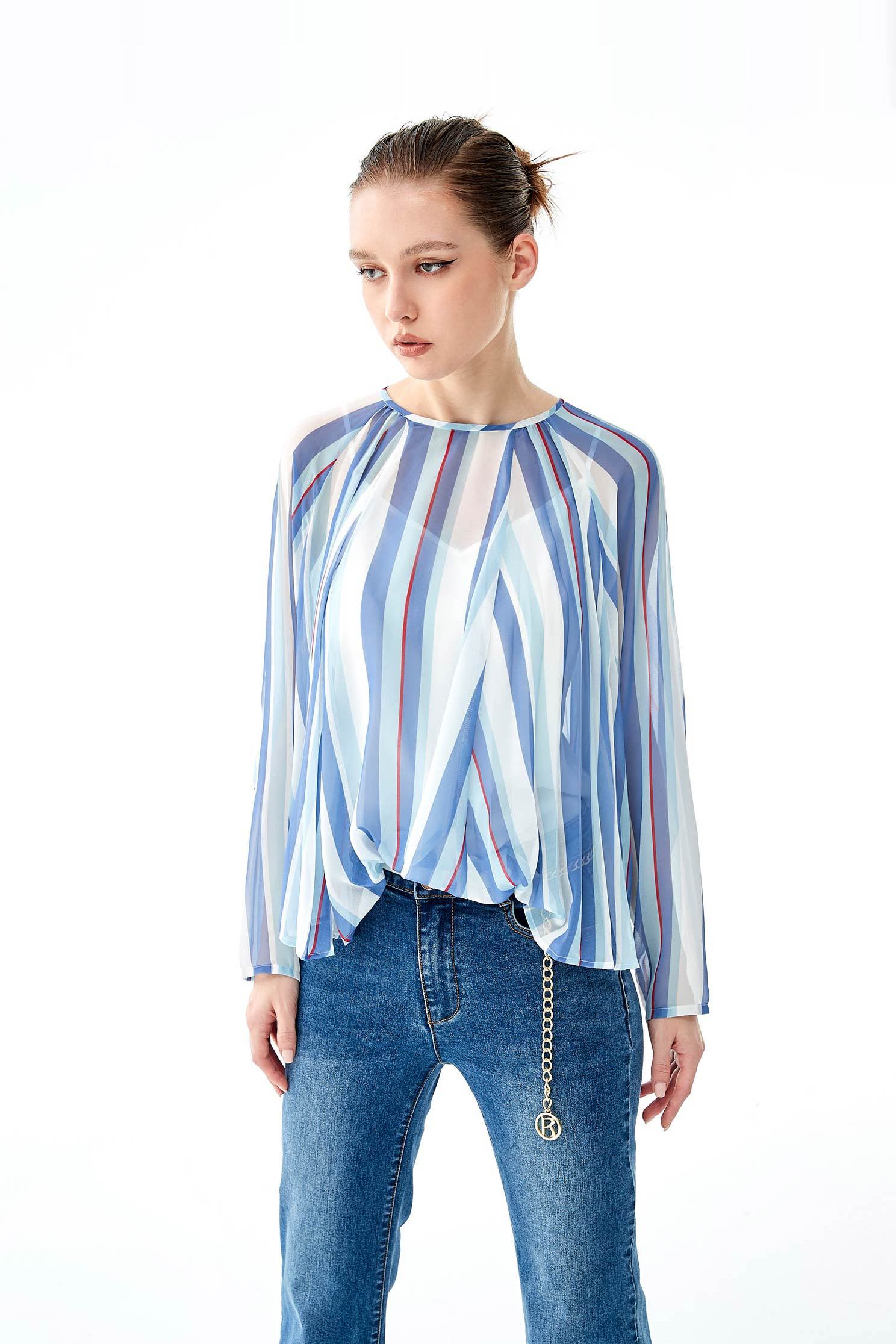 Blue White Stripe Oversize TopStriped chiffon top,Tops,Season (SS) Look,Stripe,mothergift,healing colors,Blouses,relaxrestrictions,Chiffon,Chiffon tops