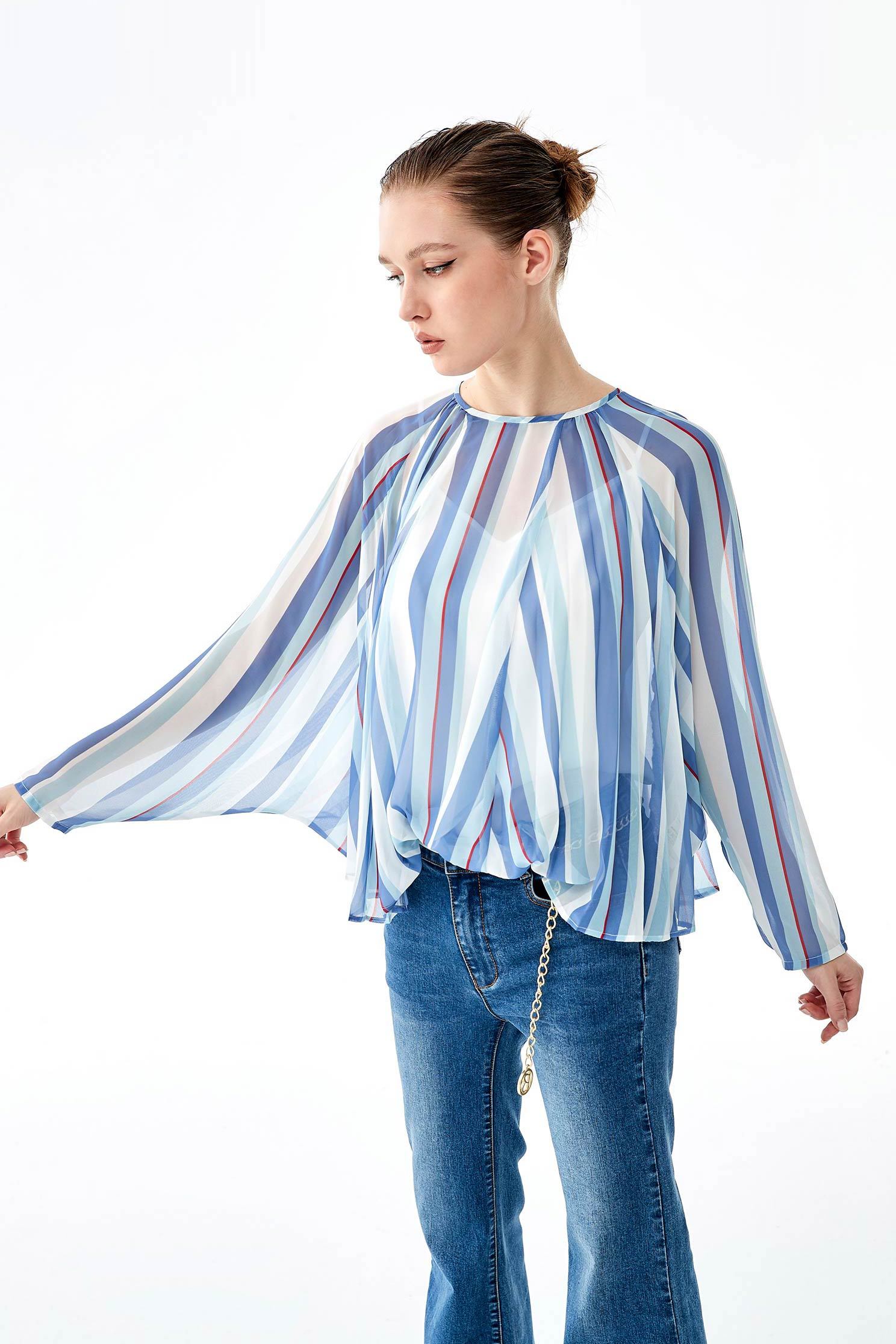 Blue White Stripe Oversize TopStriped chiffon top,Tops,Season (SS) Look,Stripe,mothergift,healing colors,Blouses,relaxrestrictions,Chiffon,Chiffon tops