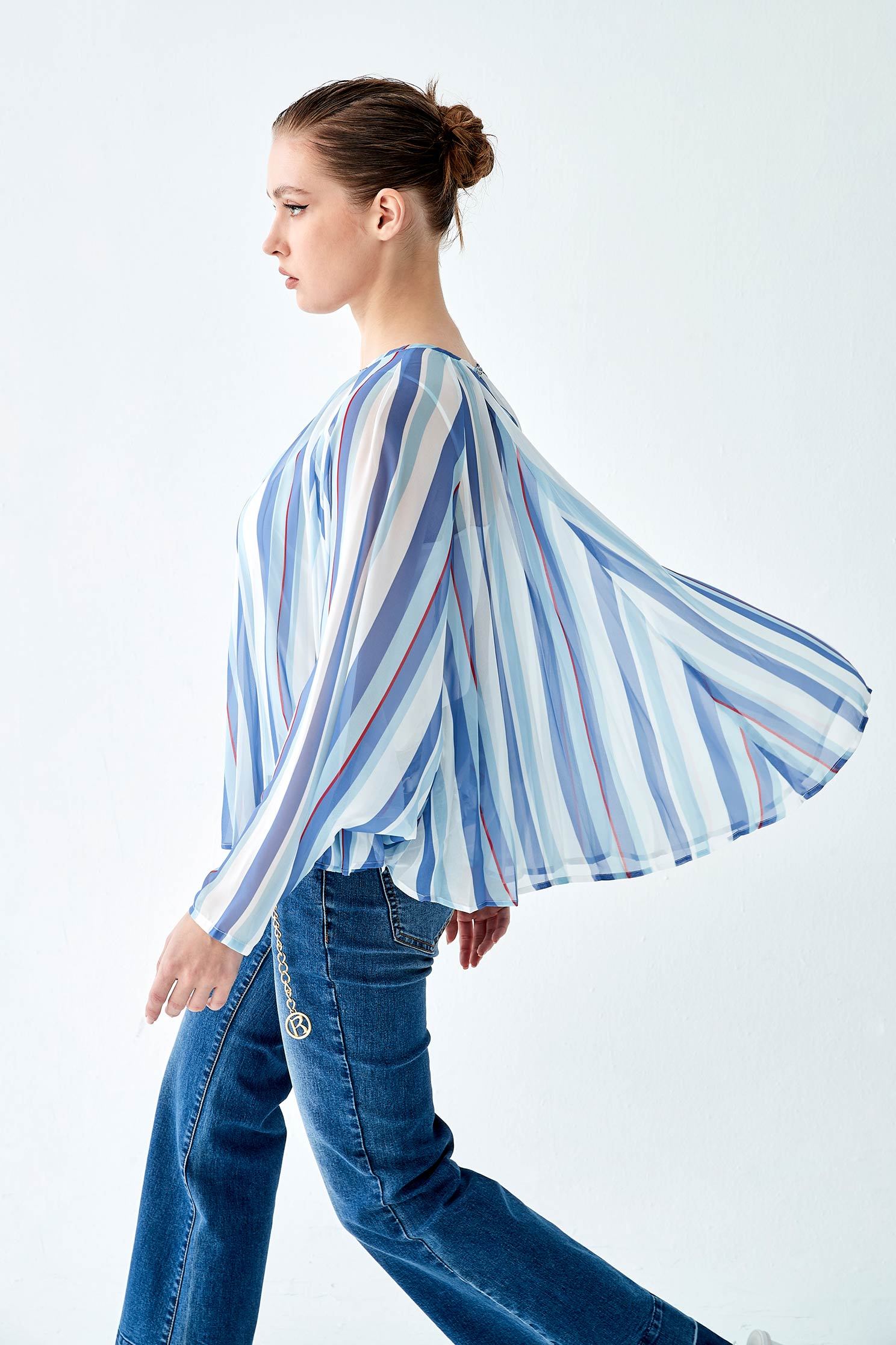 Blue White Stripe Oversize TopStriped chiffon top,Tops,Season (SS) Look,Stripe,mothergift,healing colors,Blouses,relaxrestrictions,Chiffon,Chiffon tops