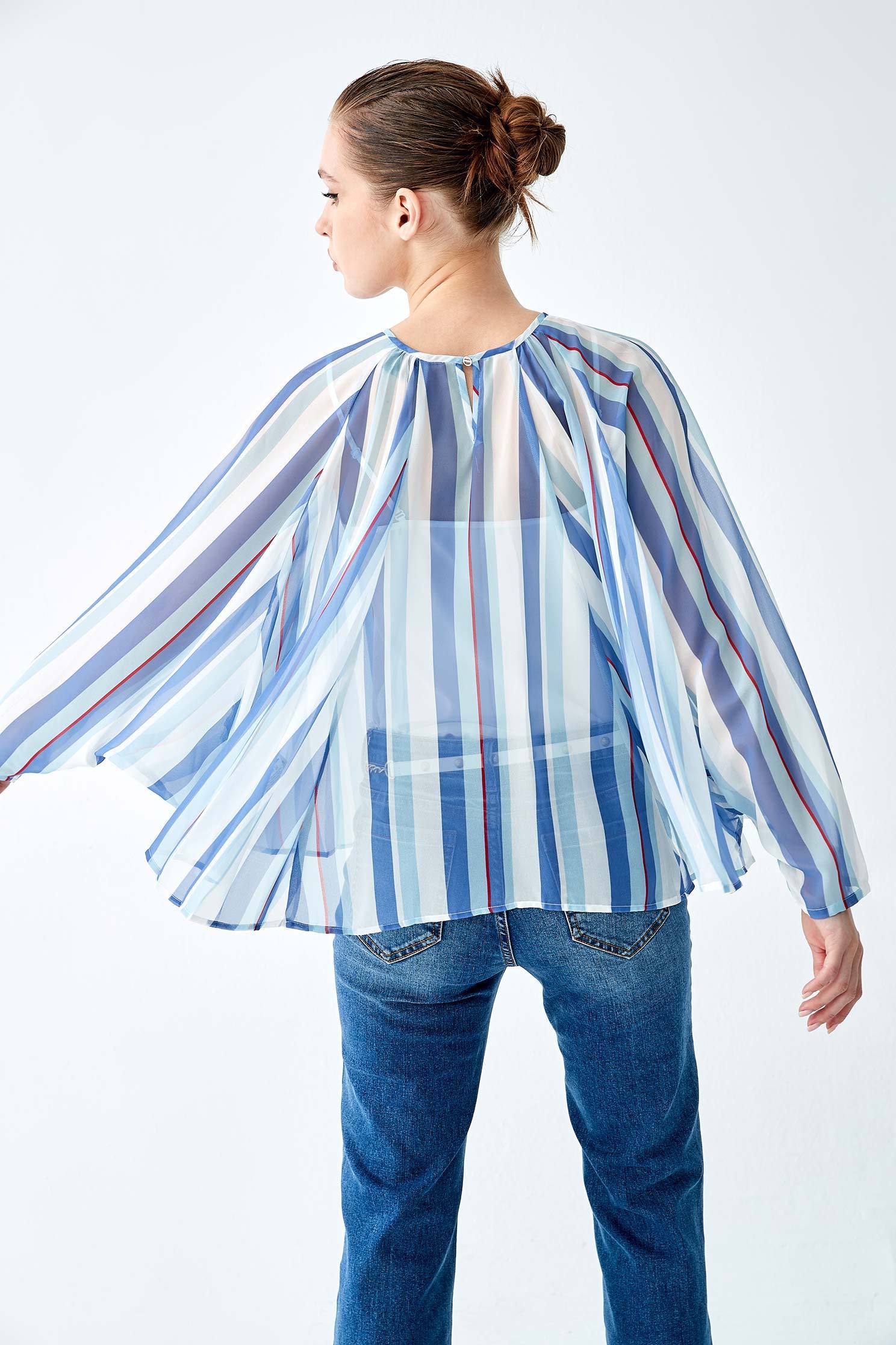 Blue White Stripe Oversize TopStriped chiffon top,Tops,Season (SS) Look,Stripe,mothergift,healing colors,Blouses,relaxrestrictions,Chiffon,Chiffon tops