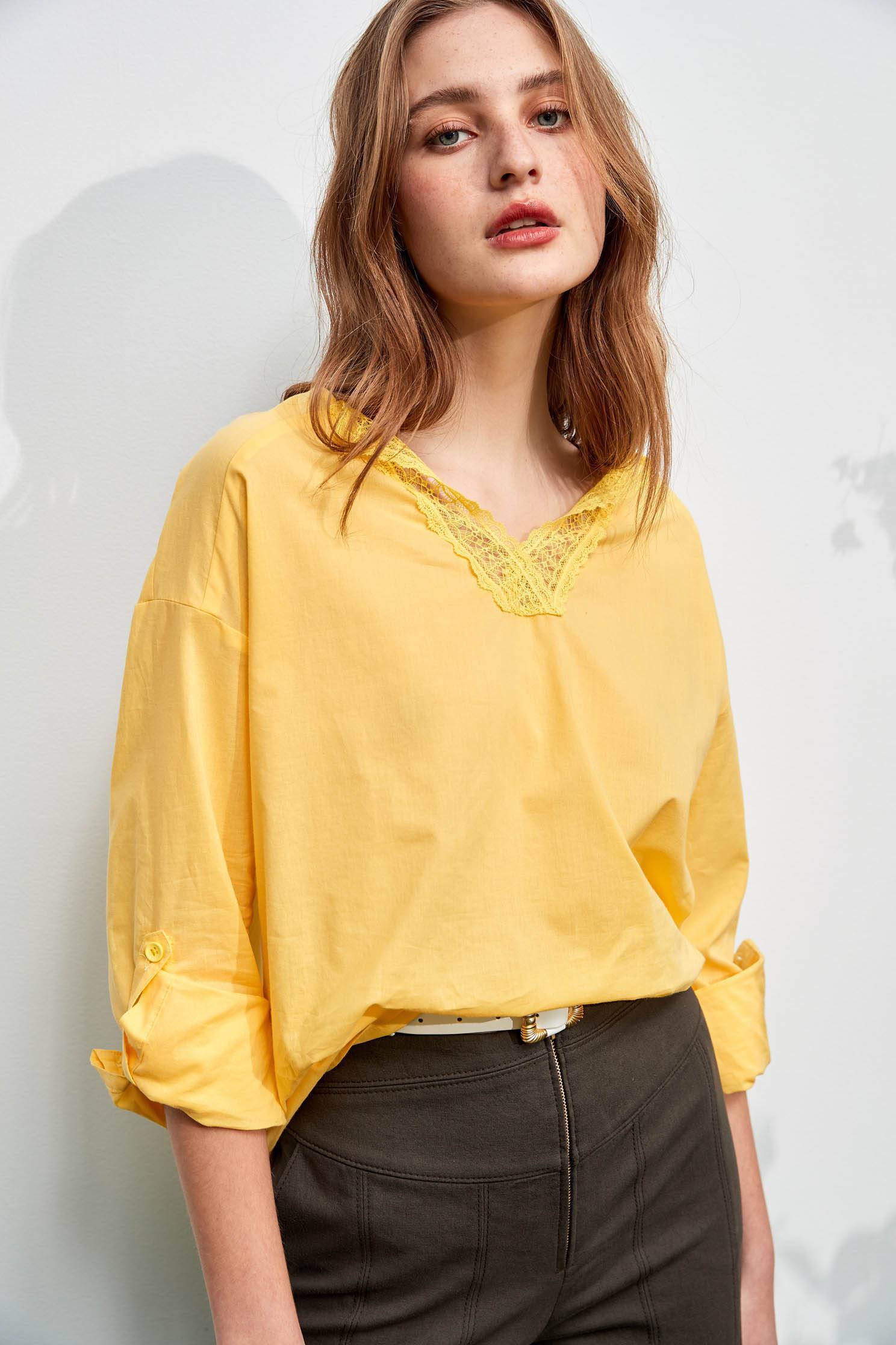 Oversize Yellow Top With Lace Trim DetailYellow cotton top,V-Neck T shirts,Tops,goodlucknewyear,Season (SS) Look,mothergift,Lace,relaxrestrictions