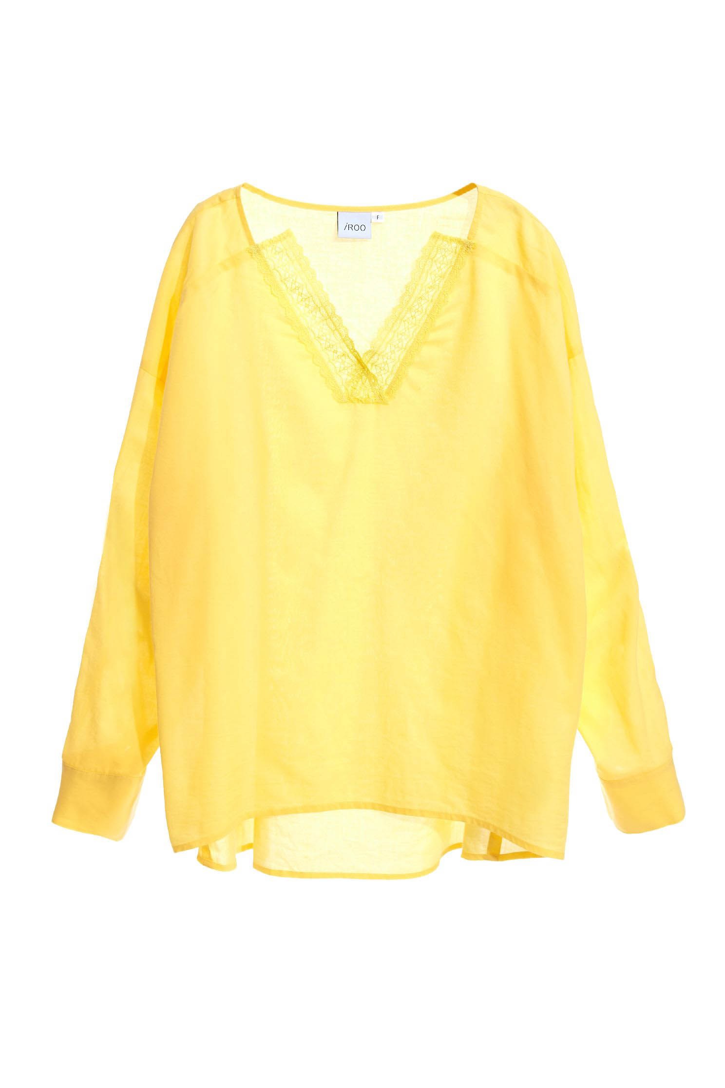 Oversize Yellow Top With Lace Trim DetailYellow cotton top,V-Neck T shirts,Tops,goodlucknewyear,Season (SS) Look,mothergift,Lace,relaxrestrictions