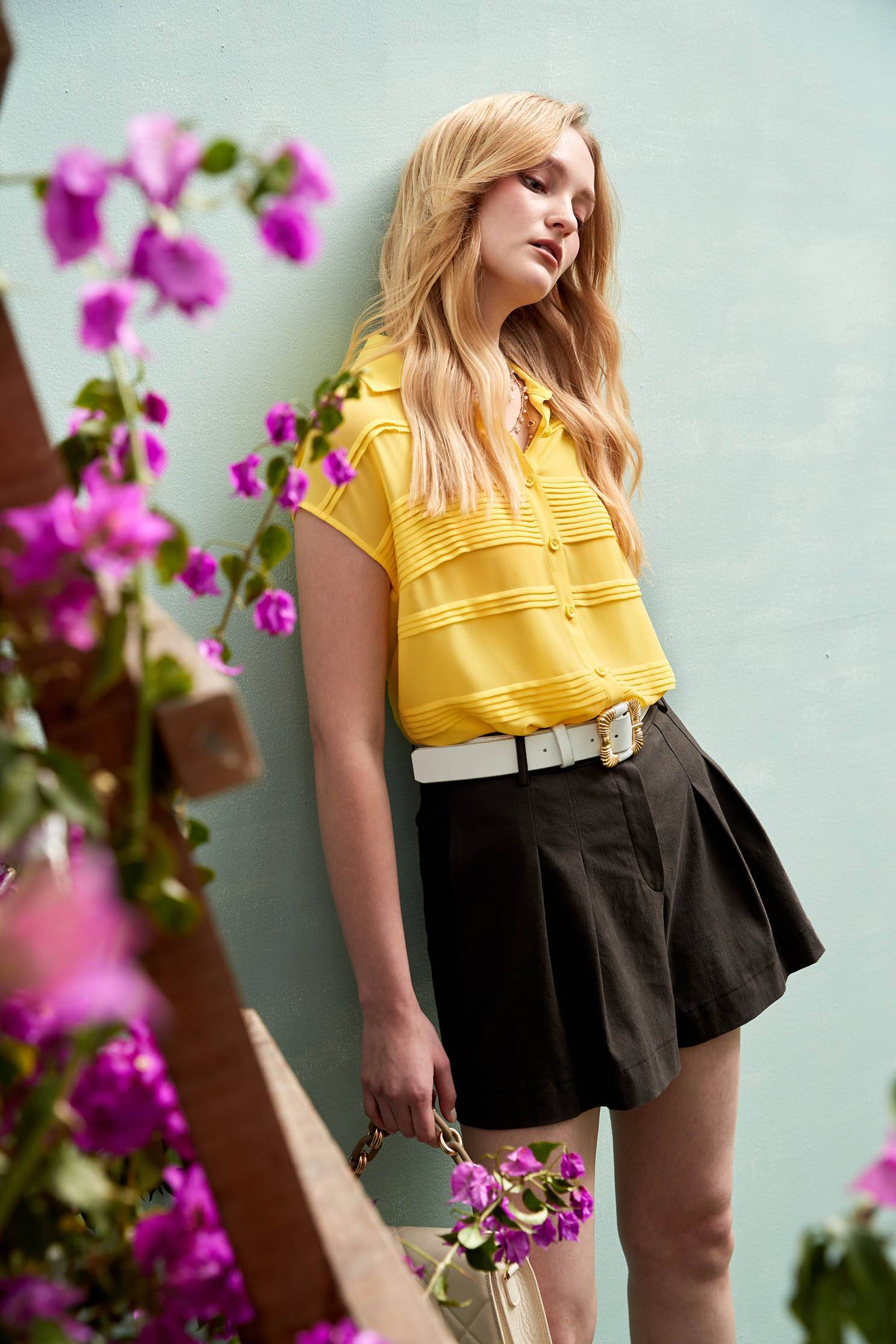 Button Front Pintuck TopYellow chiffon top,Tops,Under shirts,goodlucknewyear,Season (SS) Look,mothergift,Chiffon,Chiffon tops