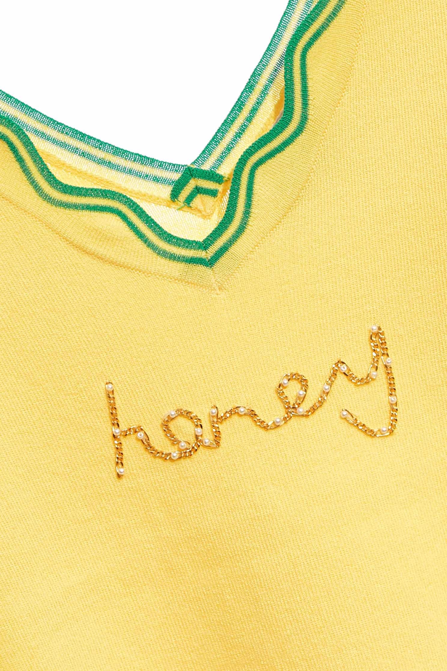 Slogan Knit Top With Contrast TrimKnit top with colored-trim,V-Neck T shirts,Tops,Season (SS) Look,pearl,Knitted,Knitted tops,Knitted tops