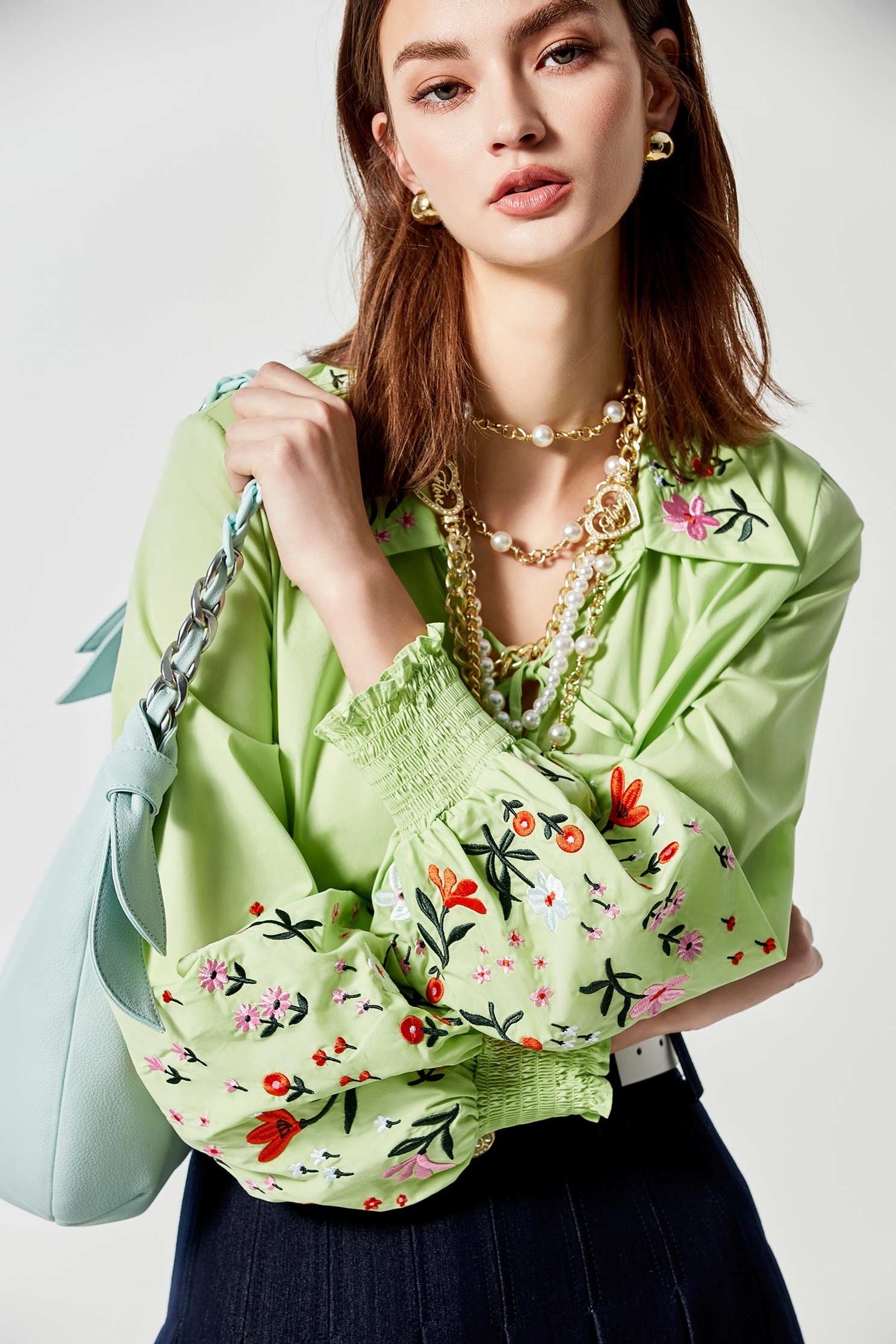 Floral Embroidery Detail Green TopCelery juice color top with embroidery,Tops,Embroidered,Season (SS) Look,Embroidered