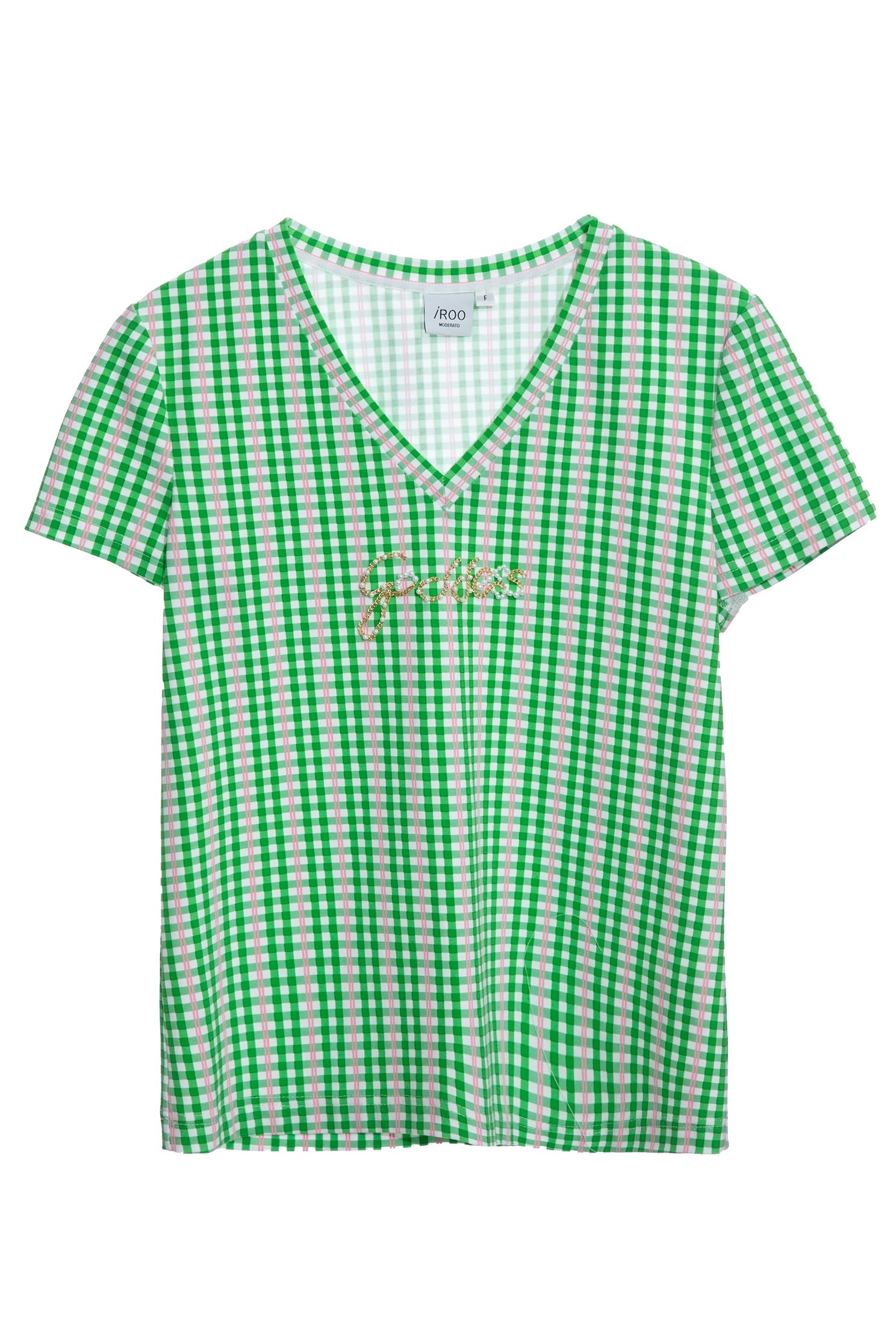 Green Plaid V-Neck TeeT-shirt top with checked tweed print,T-shirts,T-shirts,Tops,Season (SS) Look,Plaid,Cotton