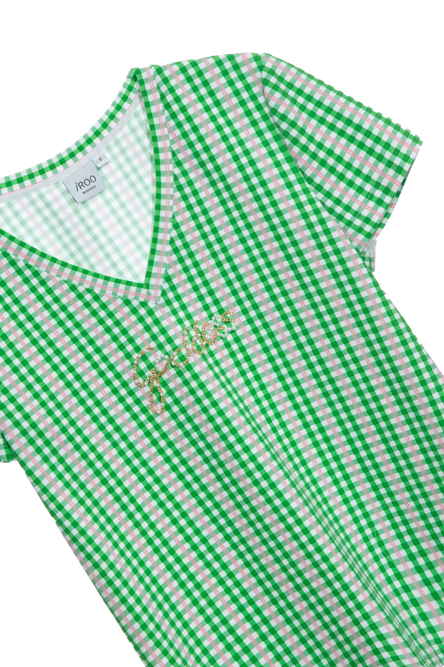 Green Plaid V-Neck TeeT-shirt top with checked tweed print,T-shirts,T-shirts,Tops,Season (SS) Look,Plaid,Cotton