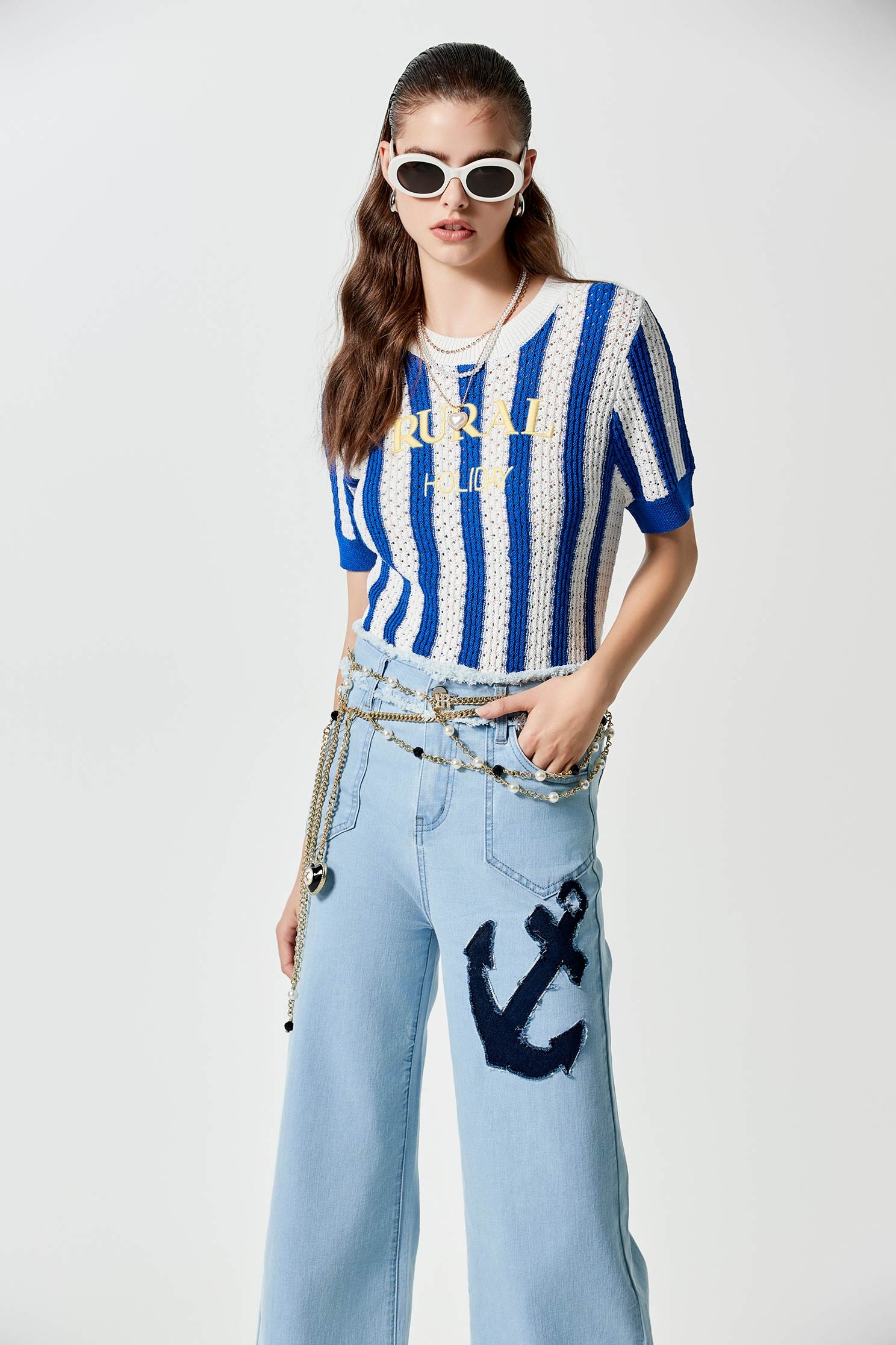 Blue White Stripe Knit Top With Embroidered SloganKnit top with three-dimensional striped design,Tops,Embroidered,Season (SS) Look,simple outfits,upperclass,Knitted,Knitted tops,Knitted tops