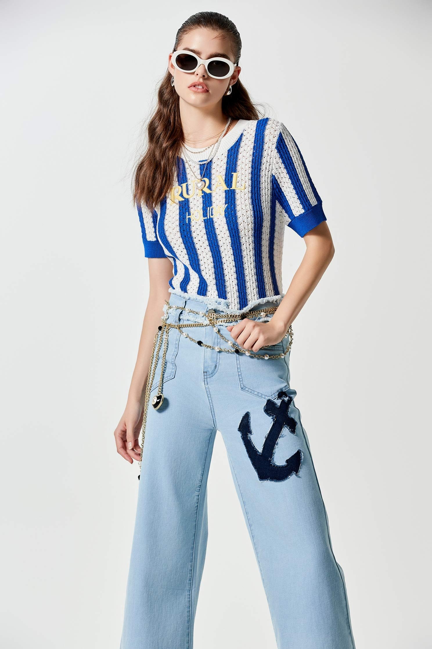 Blue White Stripe Knit Top With Embroidered SloganKnit top with three-dimensional striped design,Tops,Embroidered,Season (SS) Look,simple outfits,upperclass,Knitted,Knitted tops,Knitted tops