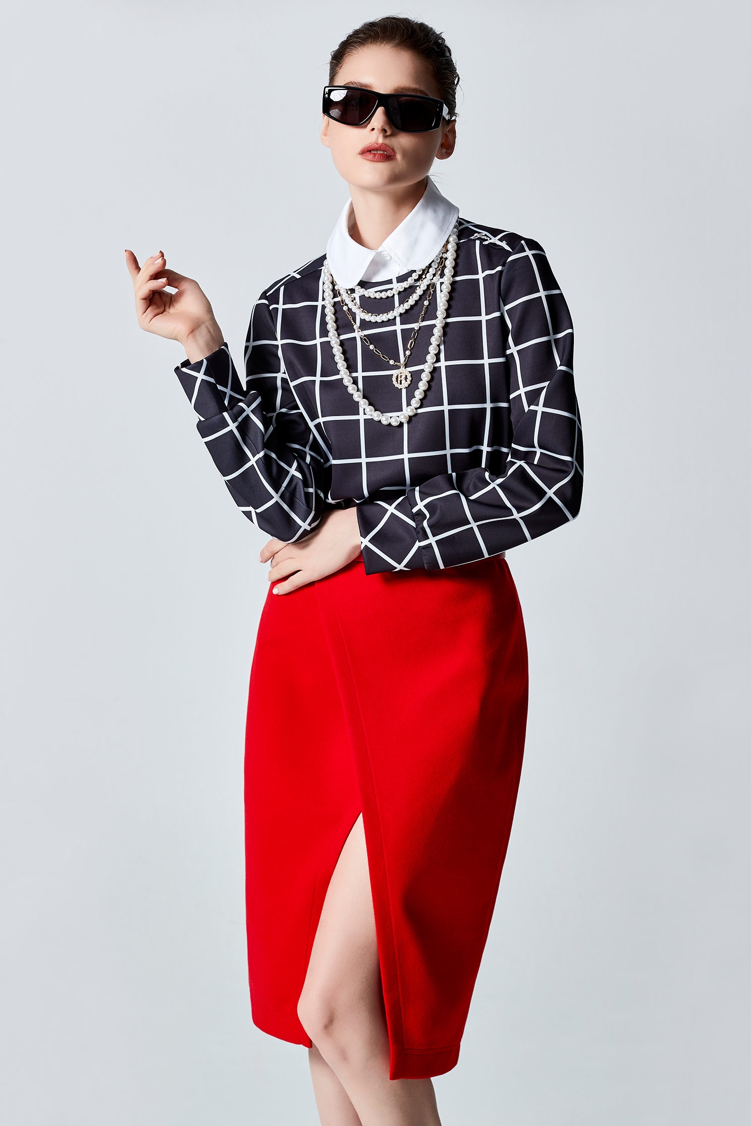 Long Sleeve Checkered Top With Detachable CollarLong Sleeve Checkered Top With Detachable Collar,Tops,Plaid,pearl,Season (AW) Look,Embroidered,Blouses,Long sleeve tops,Necklaces