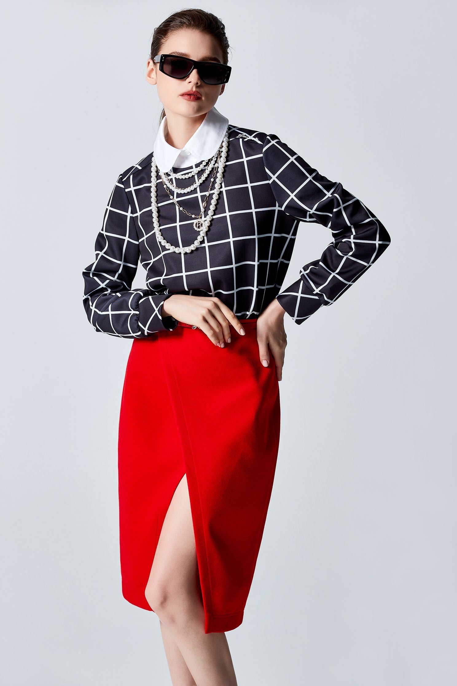 Long Sleeve Checkered Top With Detachable CollarLong Sleeve Checkered Top With Detachable Collar,Tops,Plaid,pearl,Season (AW) Look,Embroidered,Blouses,Long sleeve tops,Necklaces