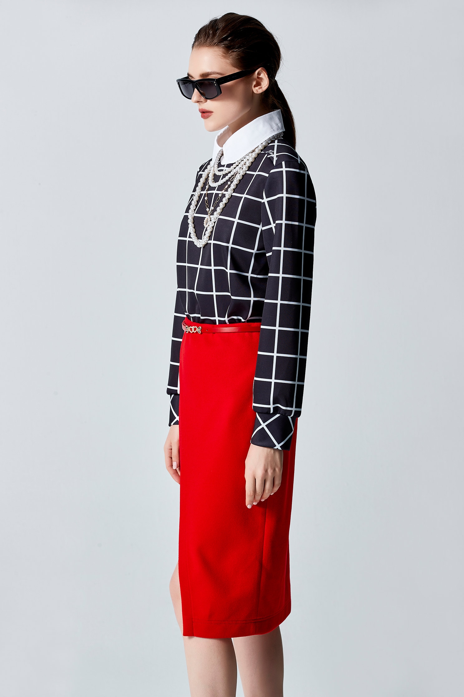 Long Sleeve Checkered Top With Detachable CollarLong Sleeve Checkered Top With Detachable Collar,Tops,Plaid,pearl,Season (AW) Look,Embroidered,Blouses,Long sleeve tops,Necklaces