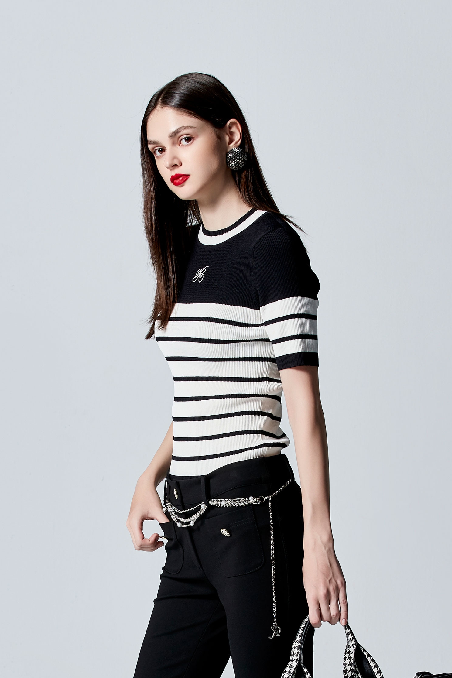 Short Sleeve Stripe Knit TopShort Sleeve Stripe Knit Top,Season (AW) Look,Embroidered,Knitted,Knitted tops