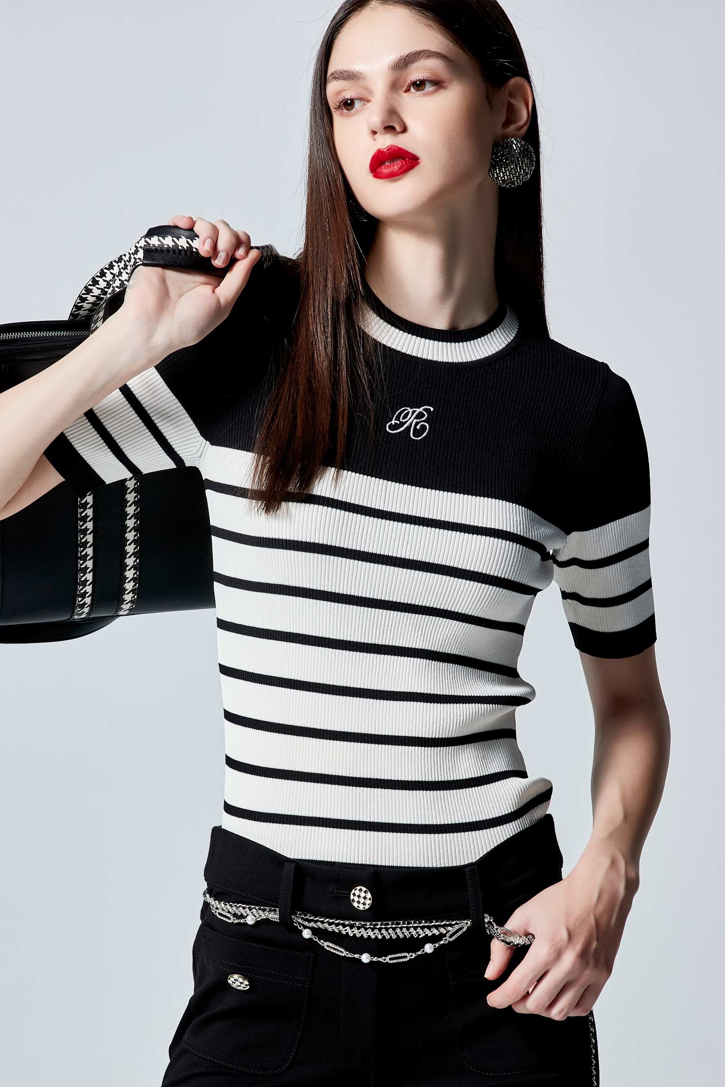 Short Sleeve Stripe Knit TopShort Sleeve Stripe Knit Top,Season (AW) Look,Embroidered,Knitted,Knitted tops