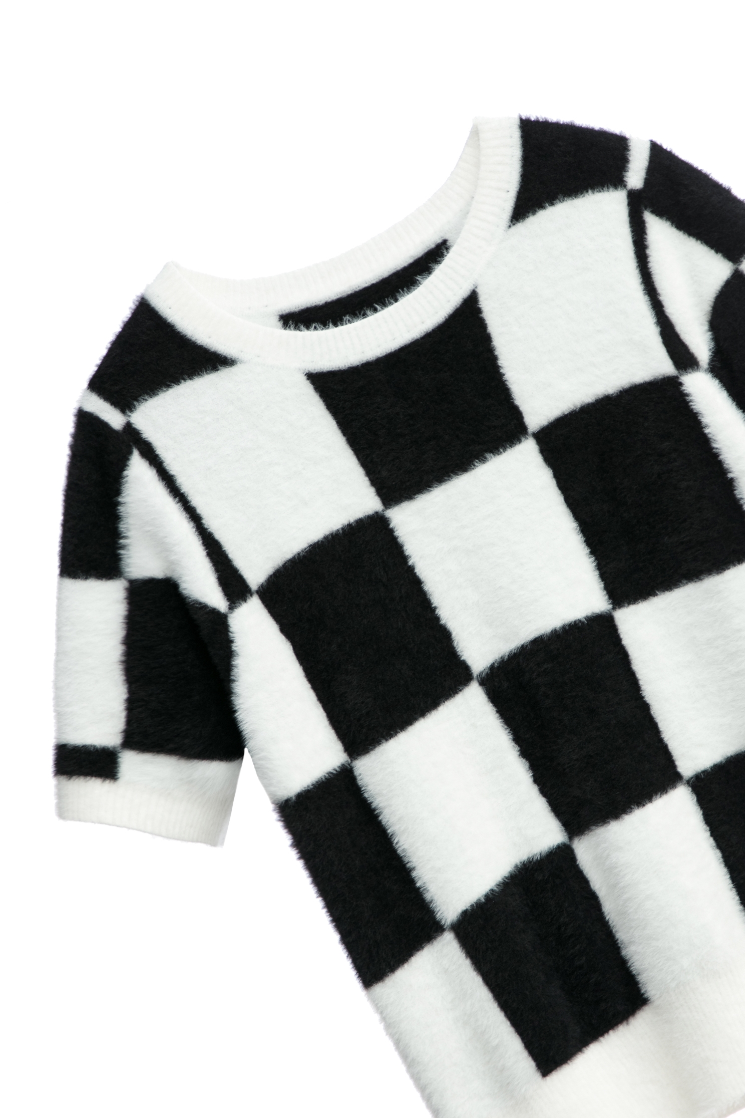 Black White Checkered Fuzzy TopBlack White Checkered Fuzzy Top,Tops,Season (AW) Look,Knitted,Knitted tops,Knitted tops